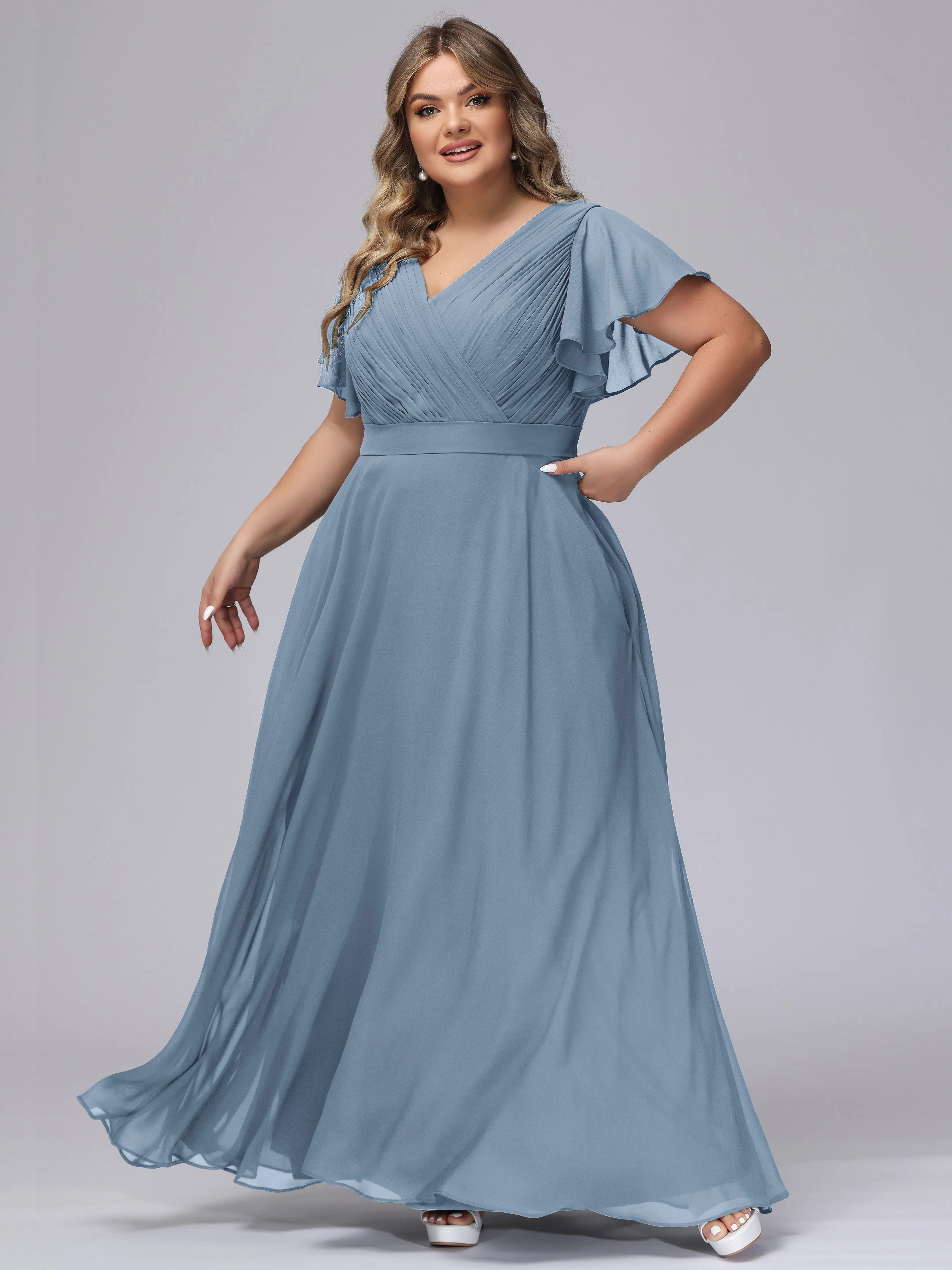 Elegant V-neck Ruffle Sleeves Empire Plus Size Bridesmaid Dress