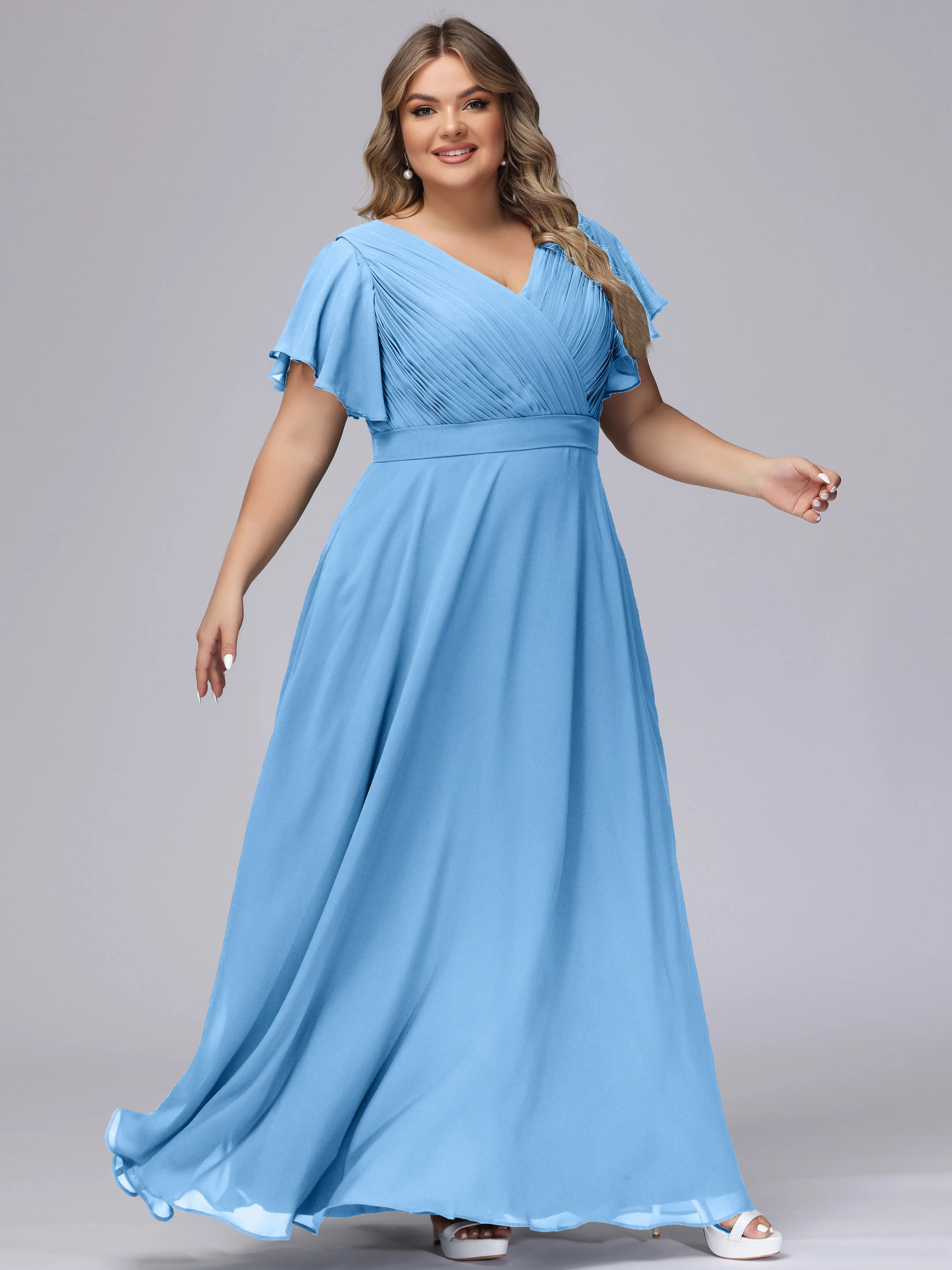 Elegant V-neck Ruffle Sleeves Empire Plus Size Bridesmaid Dress