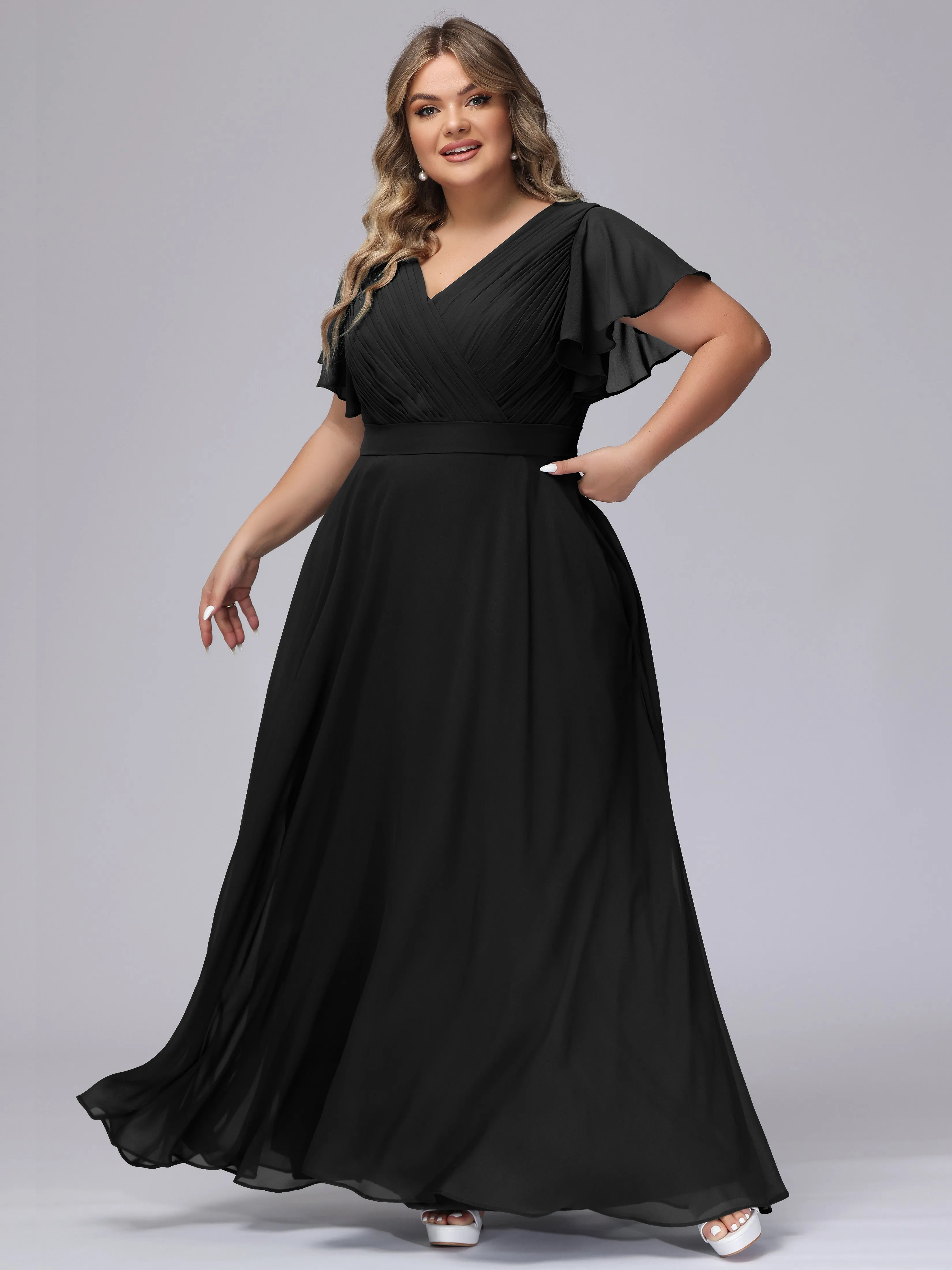Elegant V-neck Ruffle Sleeves Empire Plus Size Bridesmaid Dress