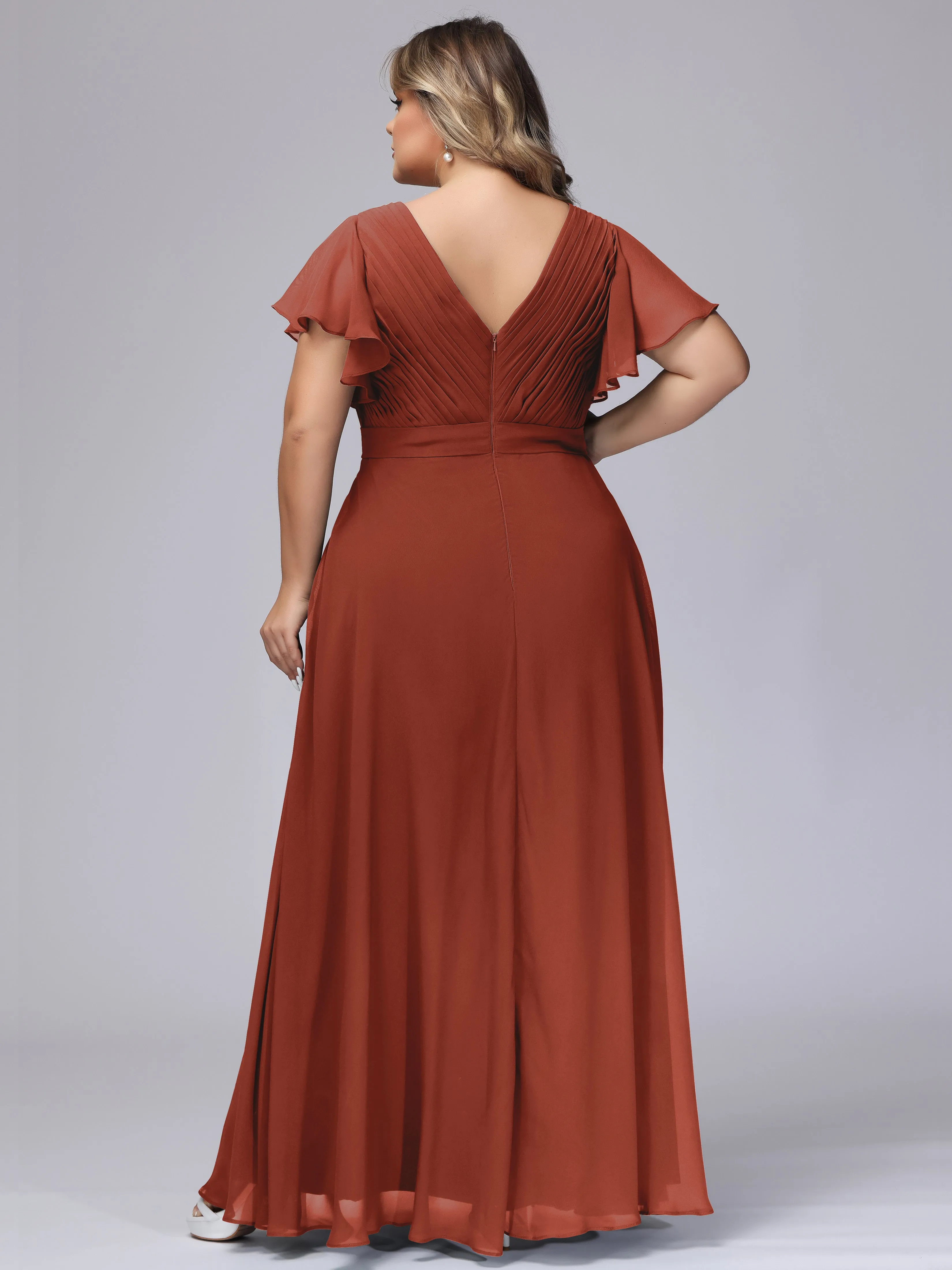 Elegant V-neck Ruffle Sleeves Empire Plus Size Bridesmaid Dress