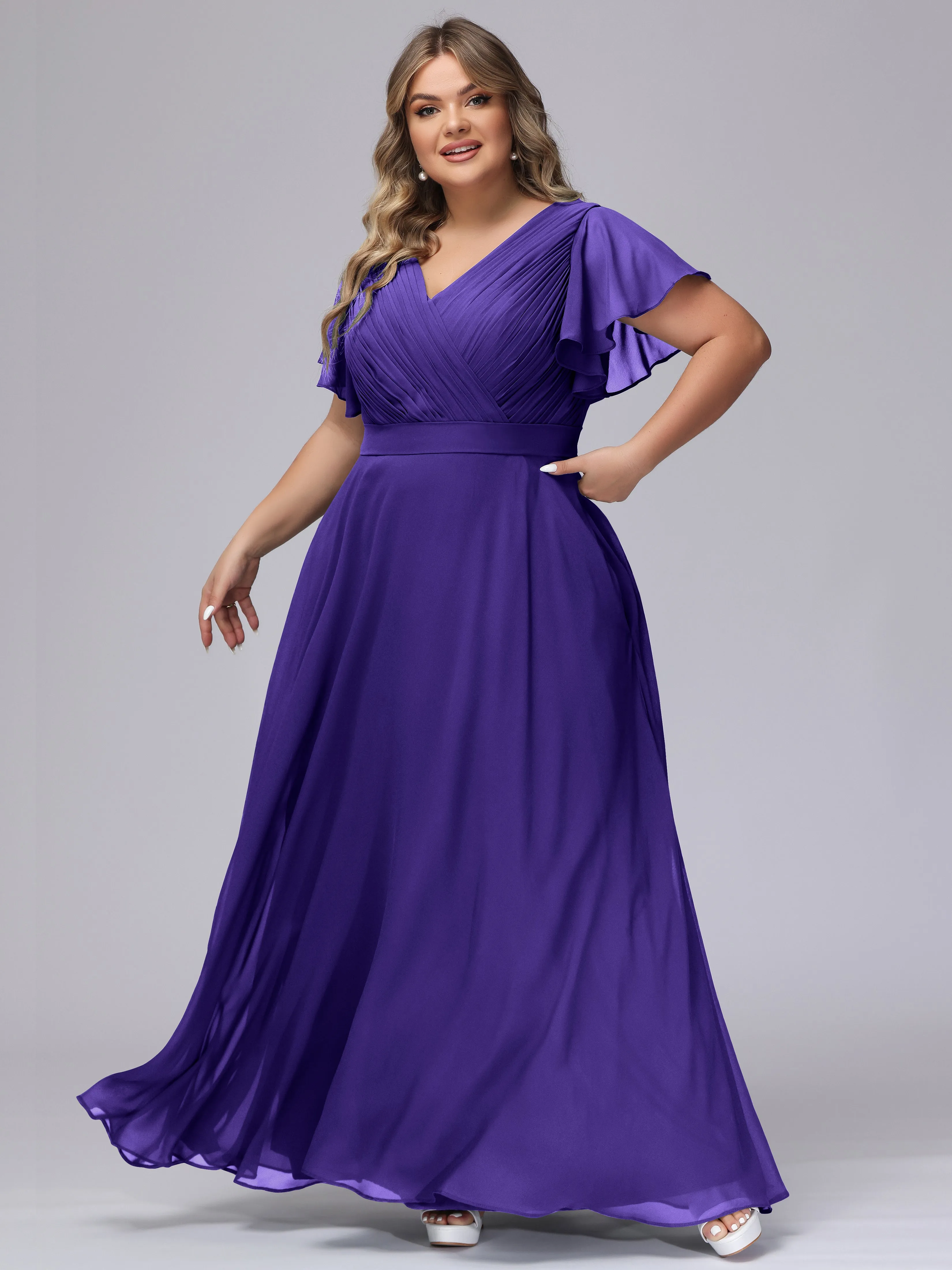 Elegant V-neck Ruffle Sleeves Empire Plus Size Bridesmaid Dress