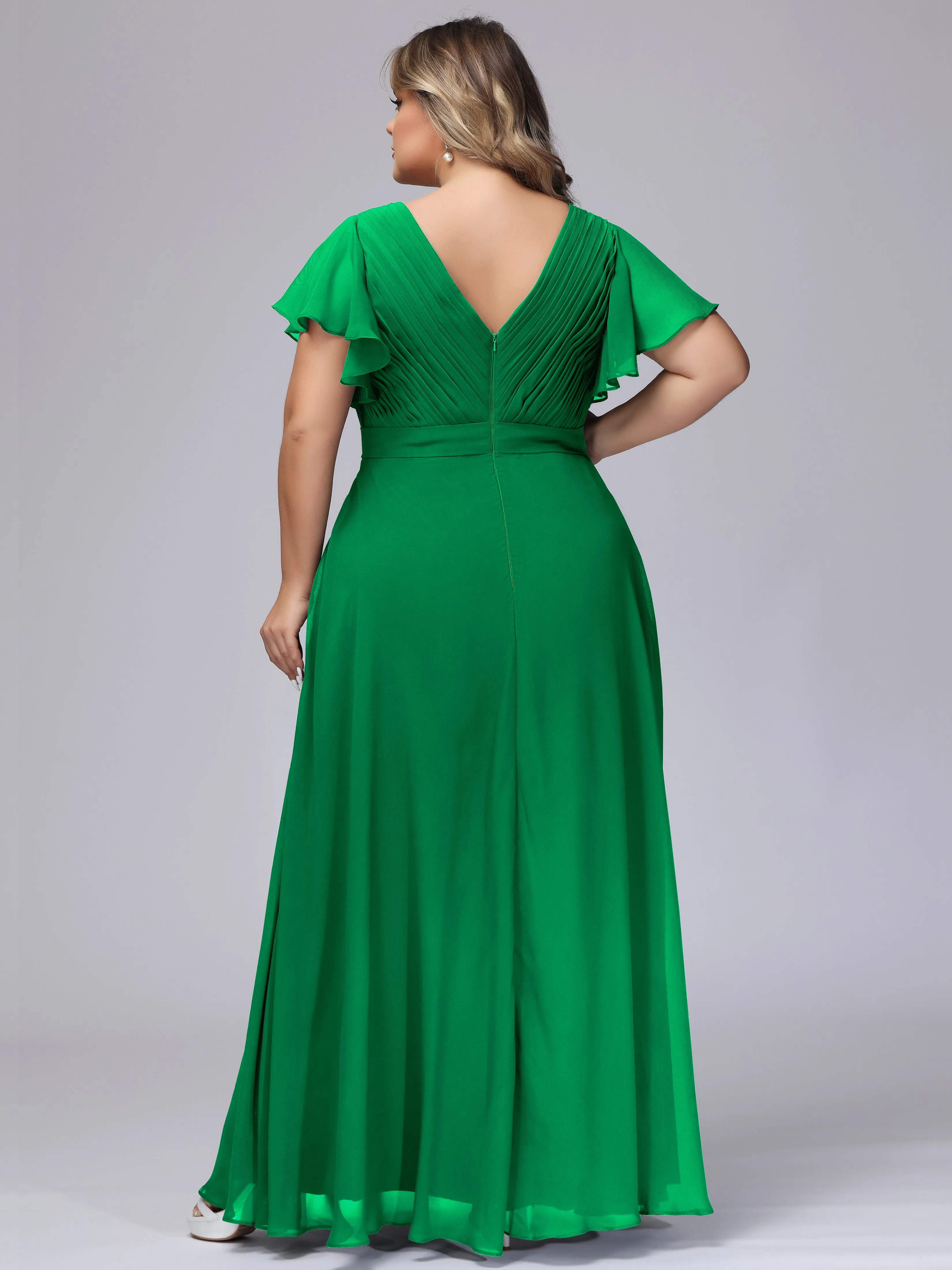 Elegant V-neck Ruffle Sleeves Empire Plus Size Bridesmaid Dress