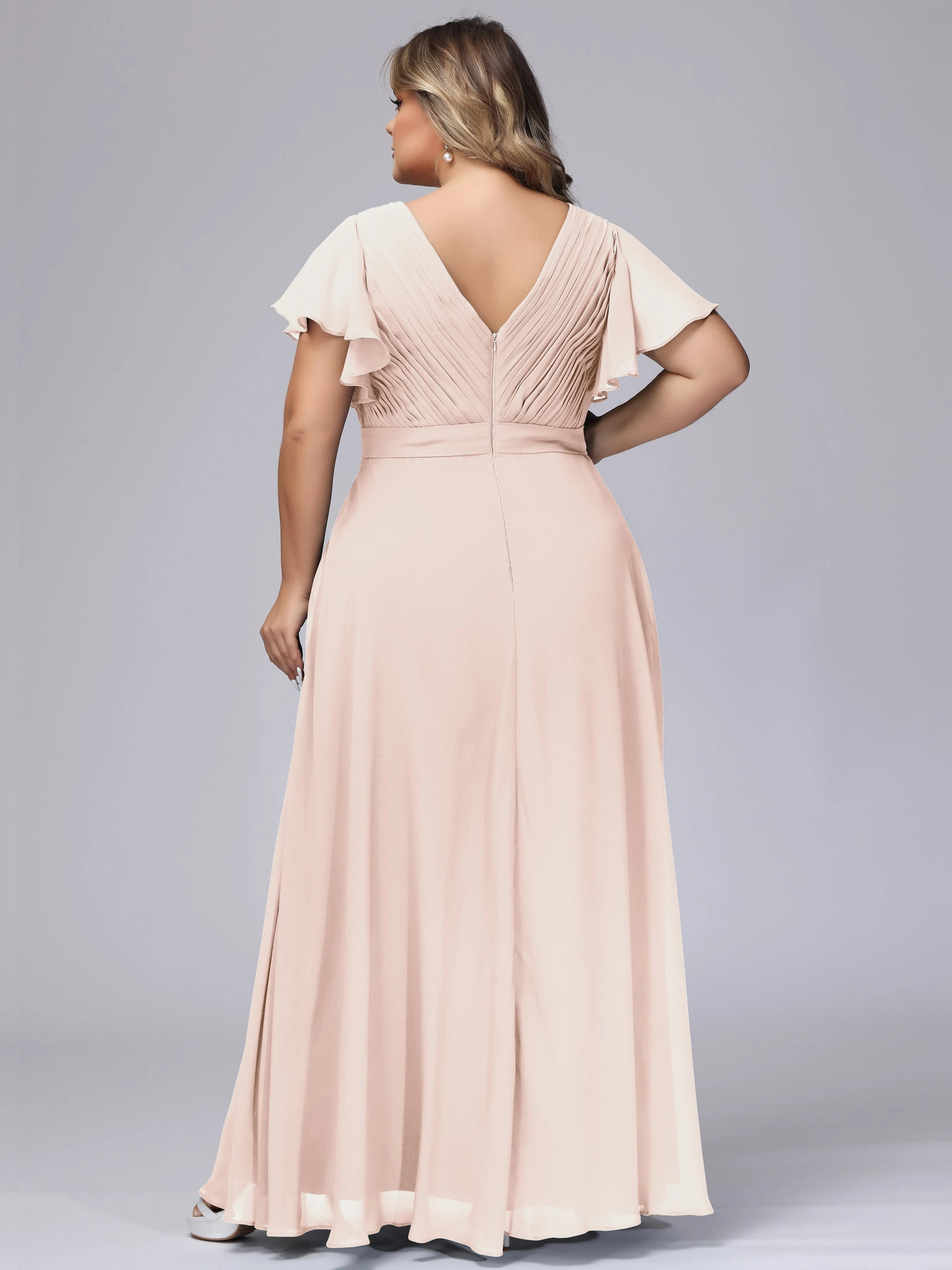 Elegant V-neck Ruffle Sleeves Empire Plus Size Bridesmaid Dress