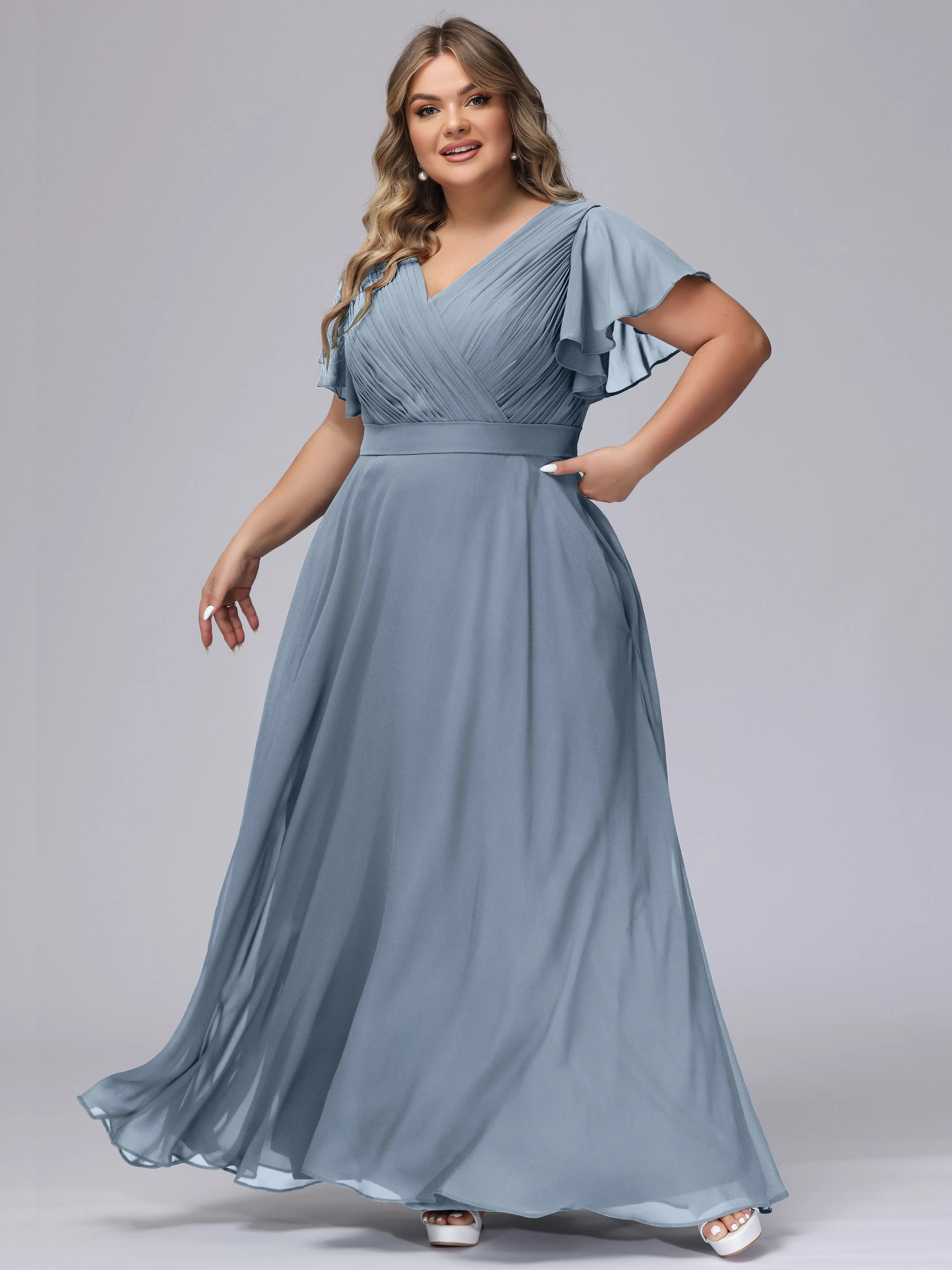 Elegant V-neck Ruffle Sleeves Empire Plus Size Bridesmaid Dress
