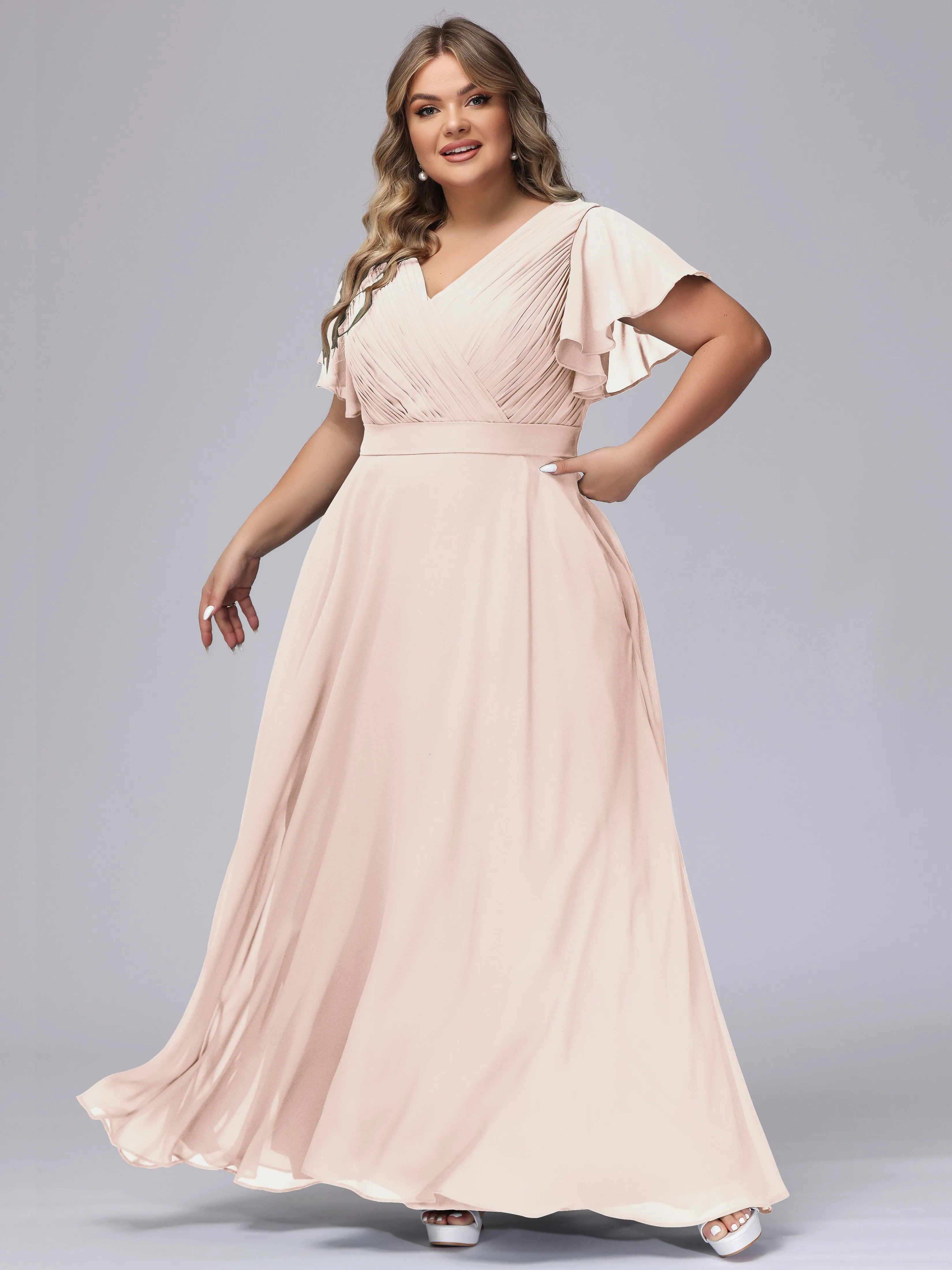 Elegant V-neck Ruffle Sleeves Empire Plus Size Bridesmaid Dress