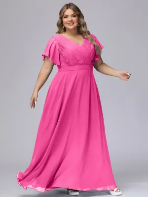 Elegant V-neck Ruffle Sleeves Empire Plus Size Bridesmaid Dress