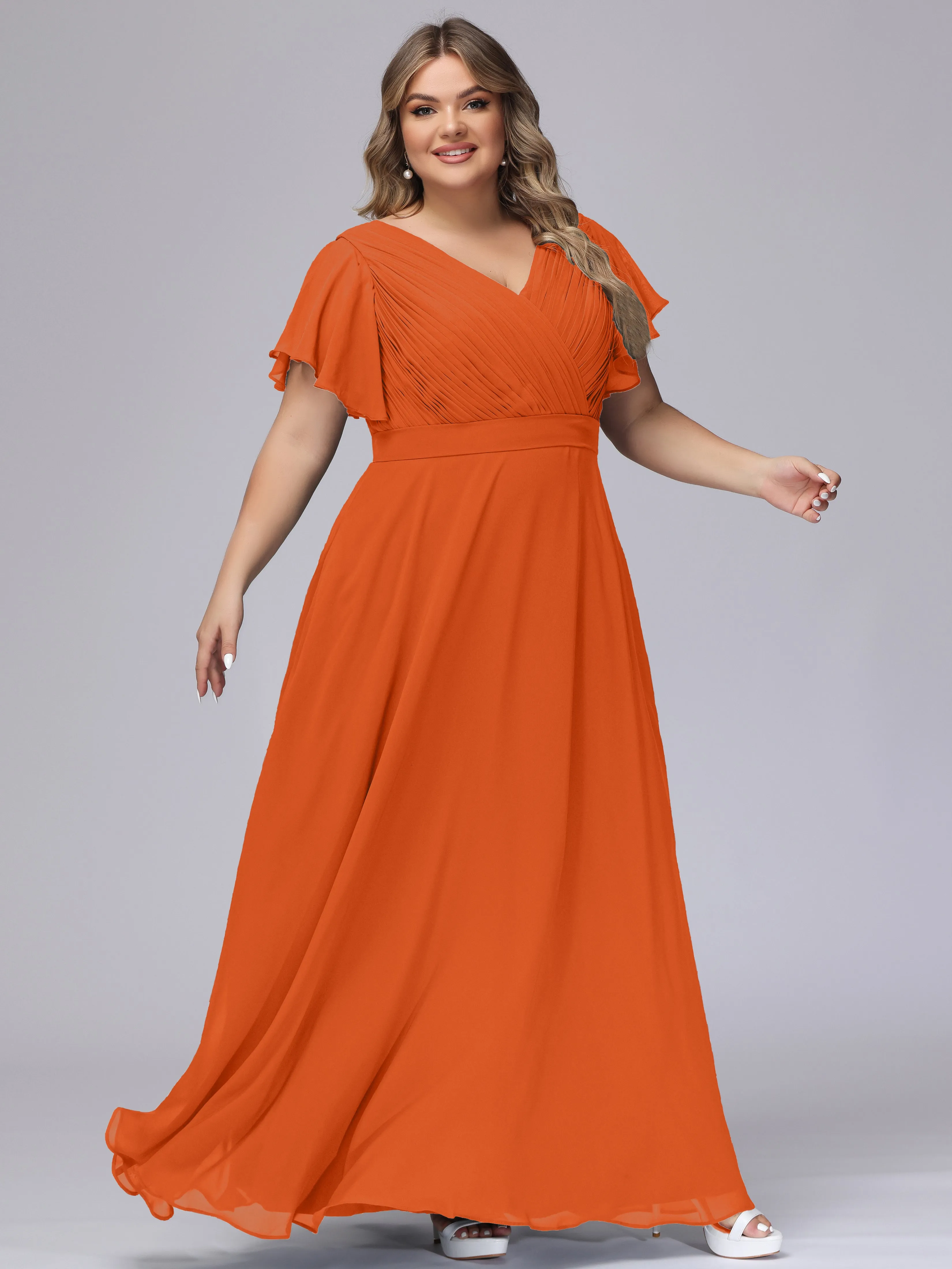 Elegant V-neck Ruffle Sleeves Empire Plus Size Bridesmaid Dress