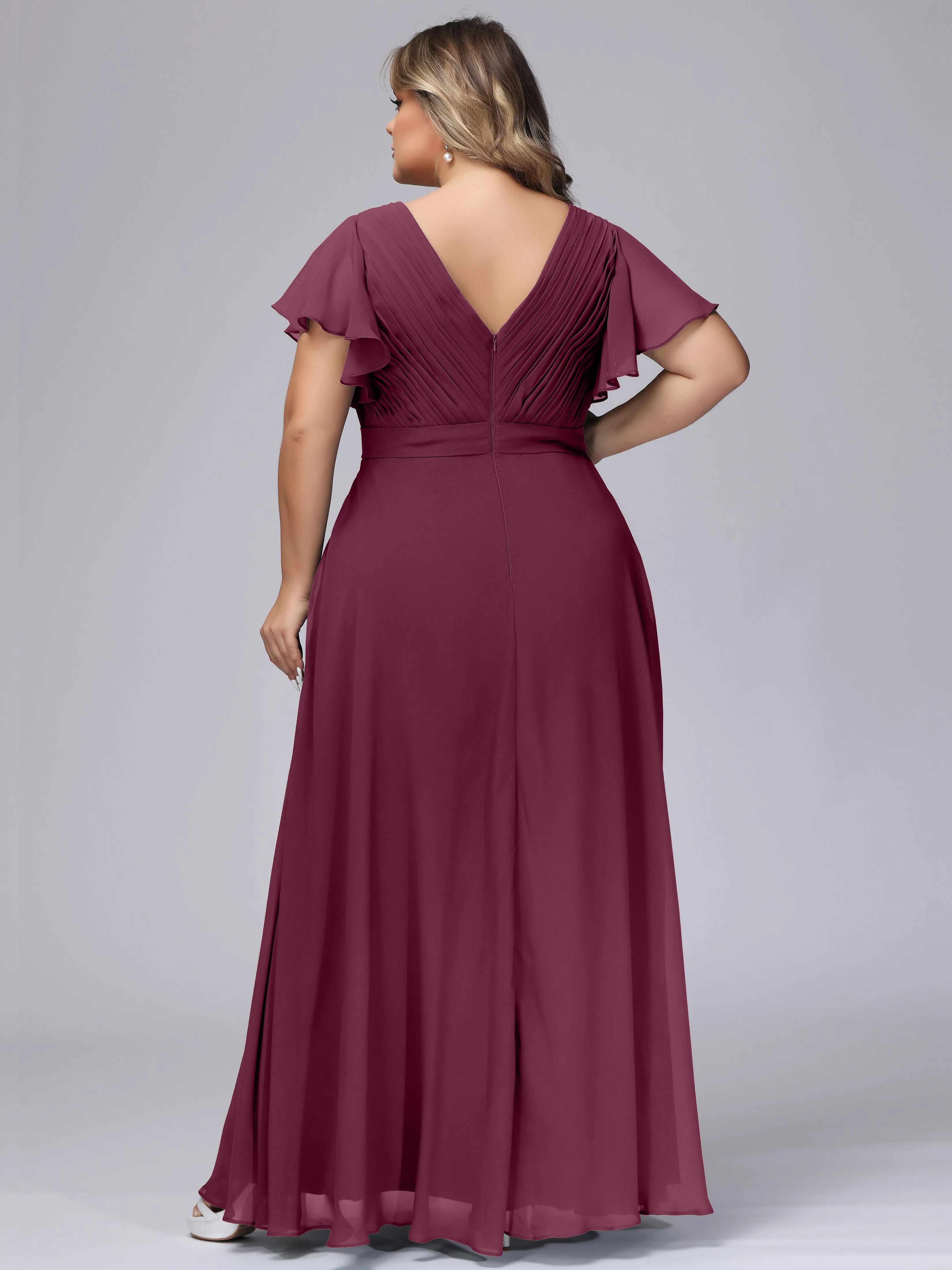 Elegant V-neck Ruffle Sleeves Empire Plus Size Bridesmaid Dress