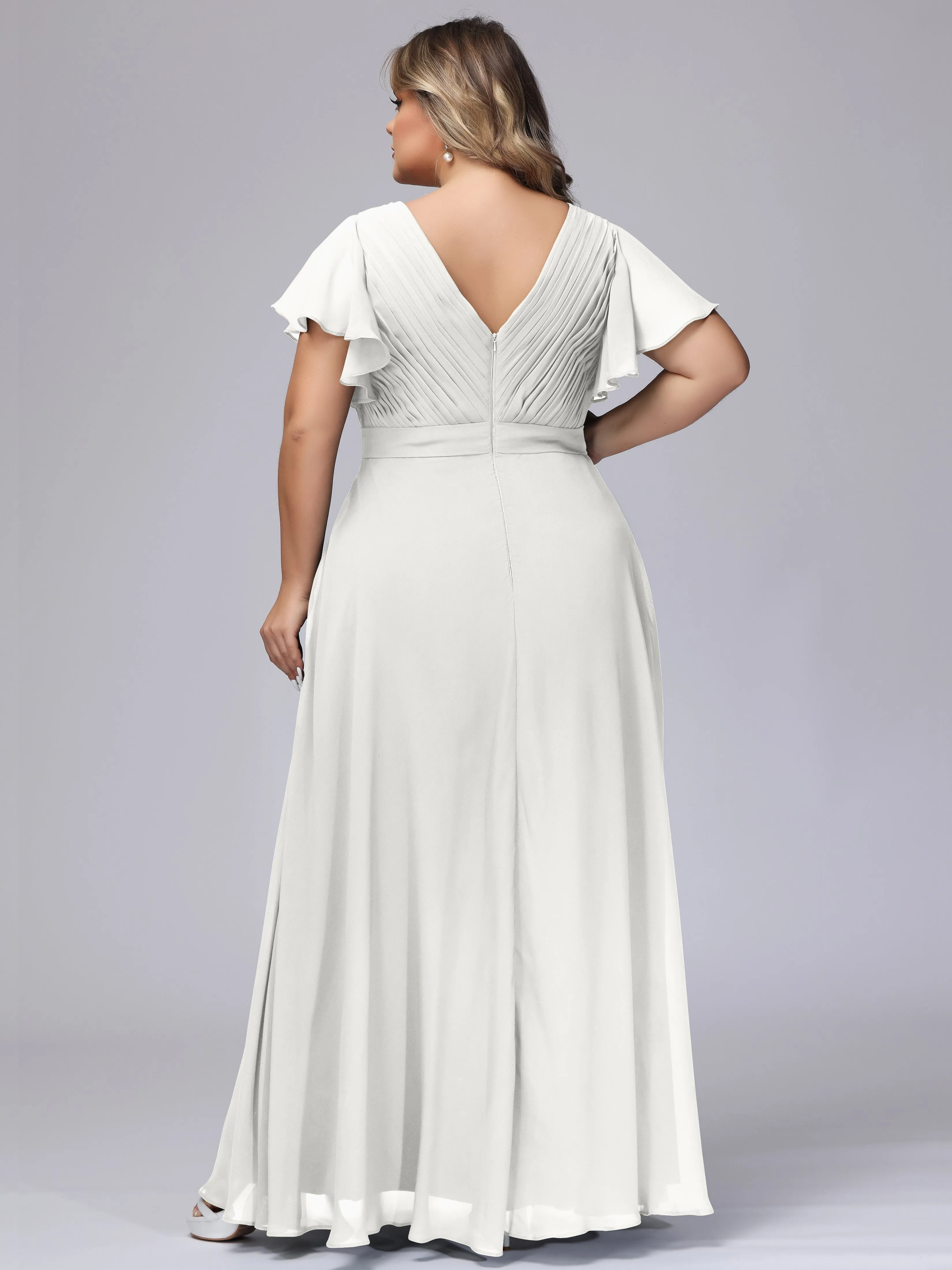 Elegant V-neck Ruffle Sleeves Empire Plus Size Bridesmaid Dress