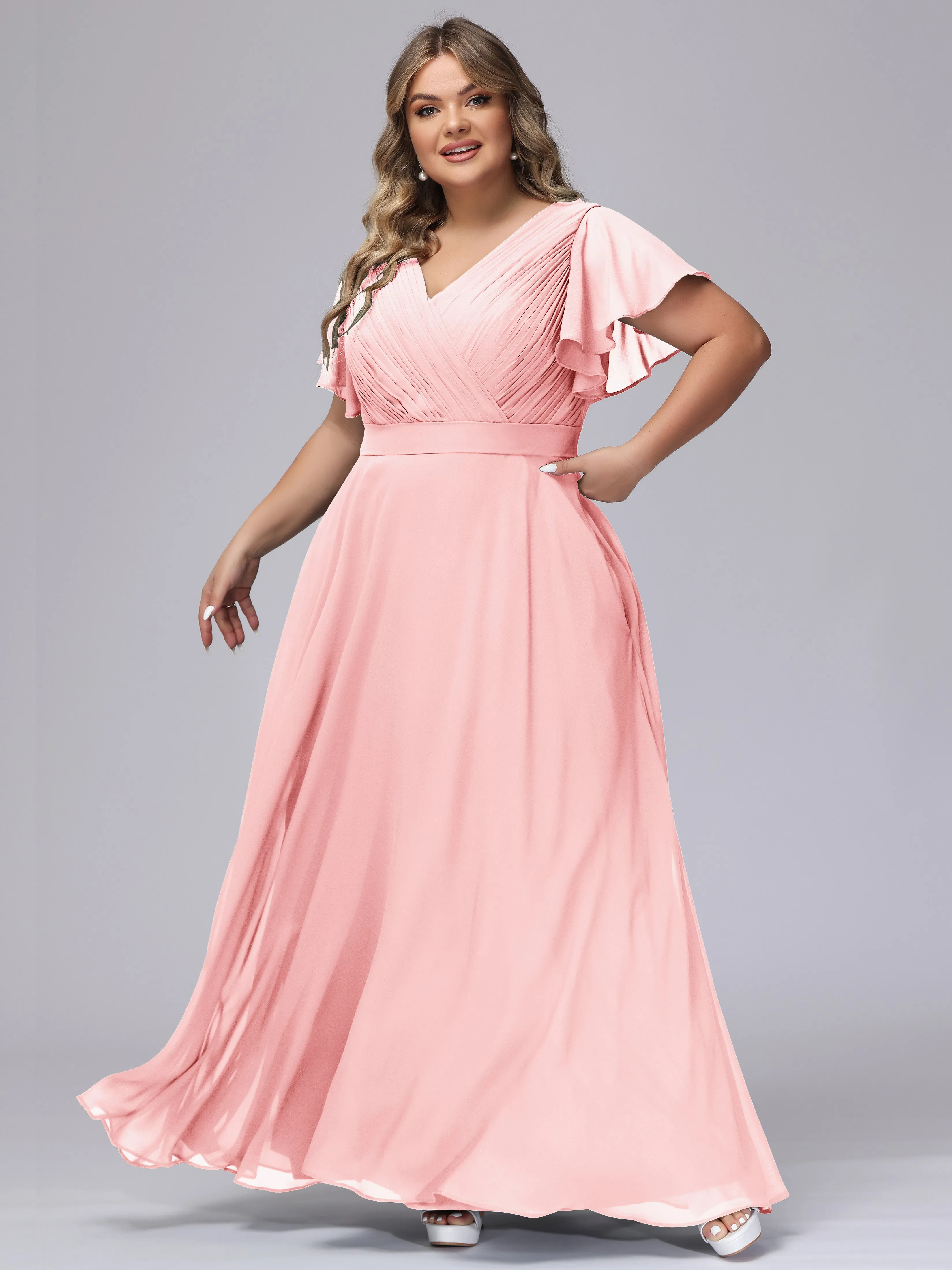 Elegant V-neck Ruffle Sleeves Empire Plus Size Bridesmaid Dress