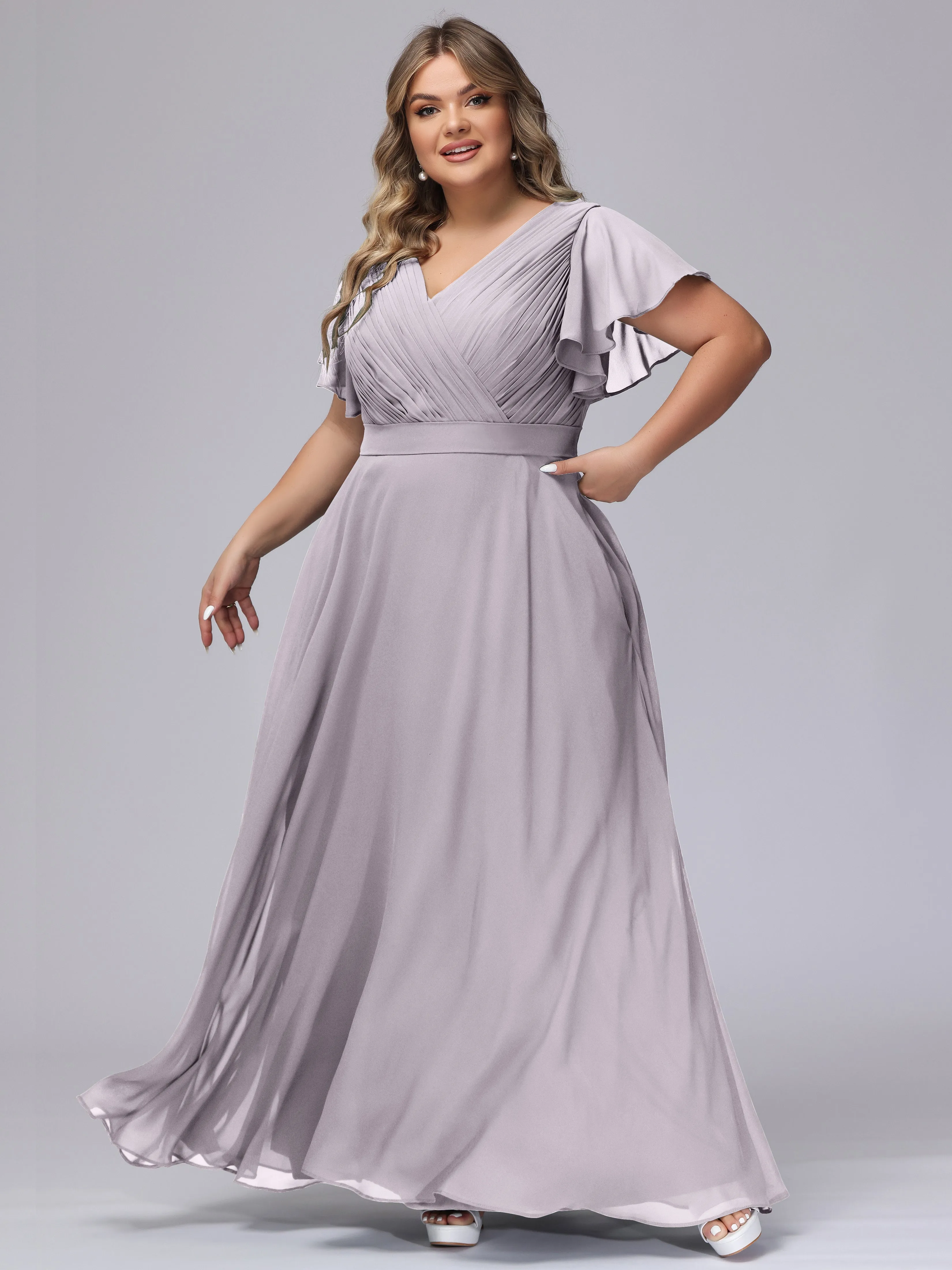 Elegant V-neck Ruffle Sleeves Empire Plus Size Bridesmaid Dress