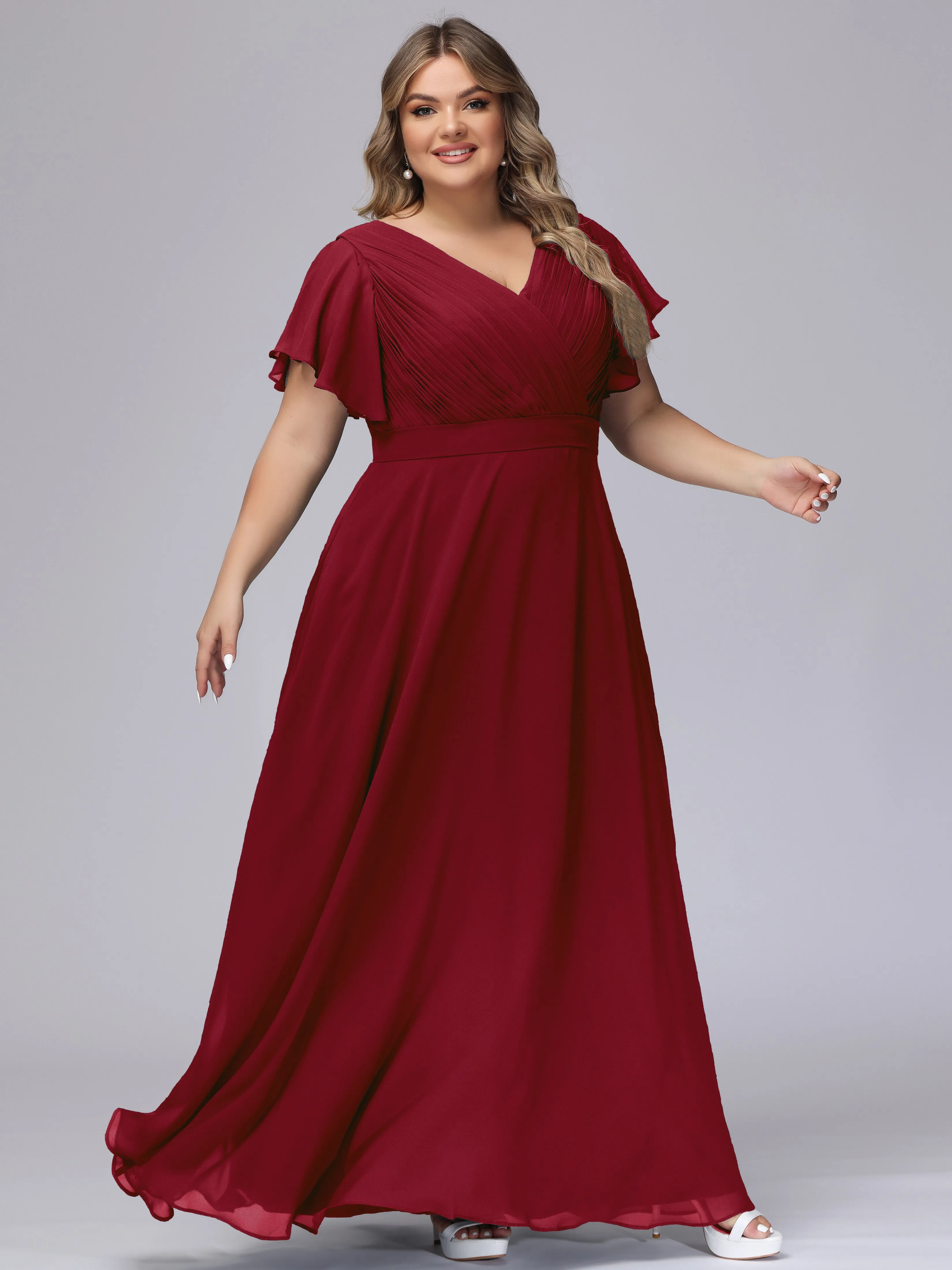 Elegant V-neck Ruffle Sleeves Empire Plus Size Bridesmaid Dress