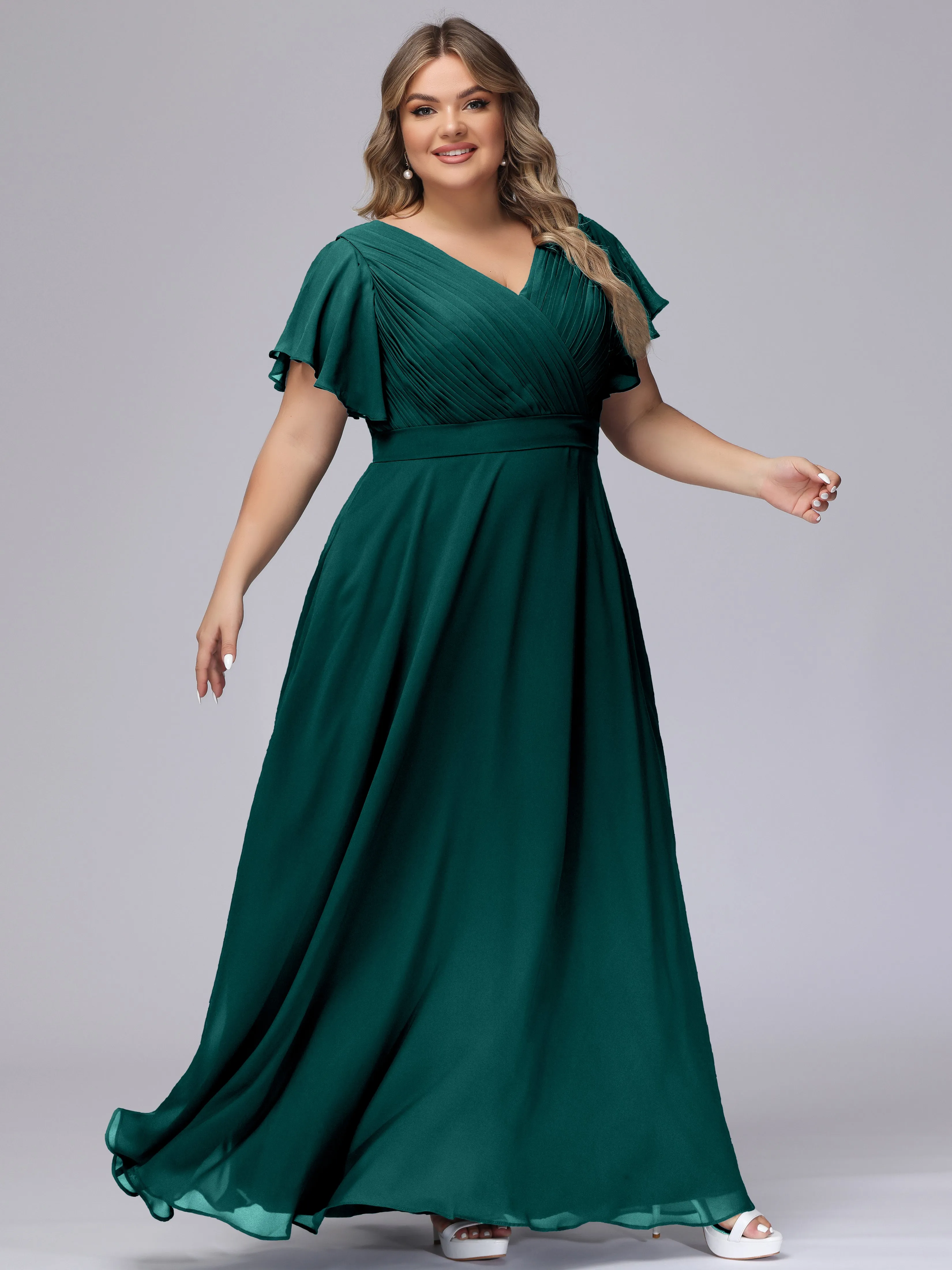 Elegant V-neck Ruffle Sleeves Empire Plus Size Bridesmaid Dress