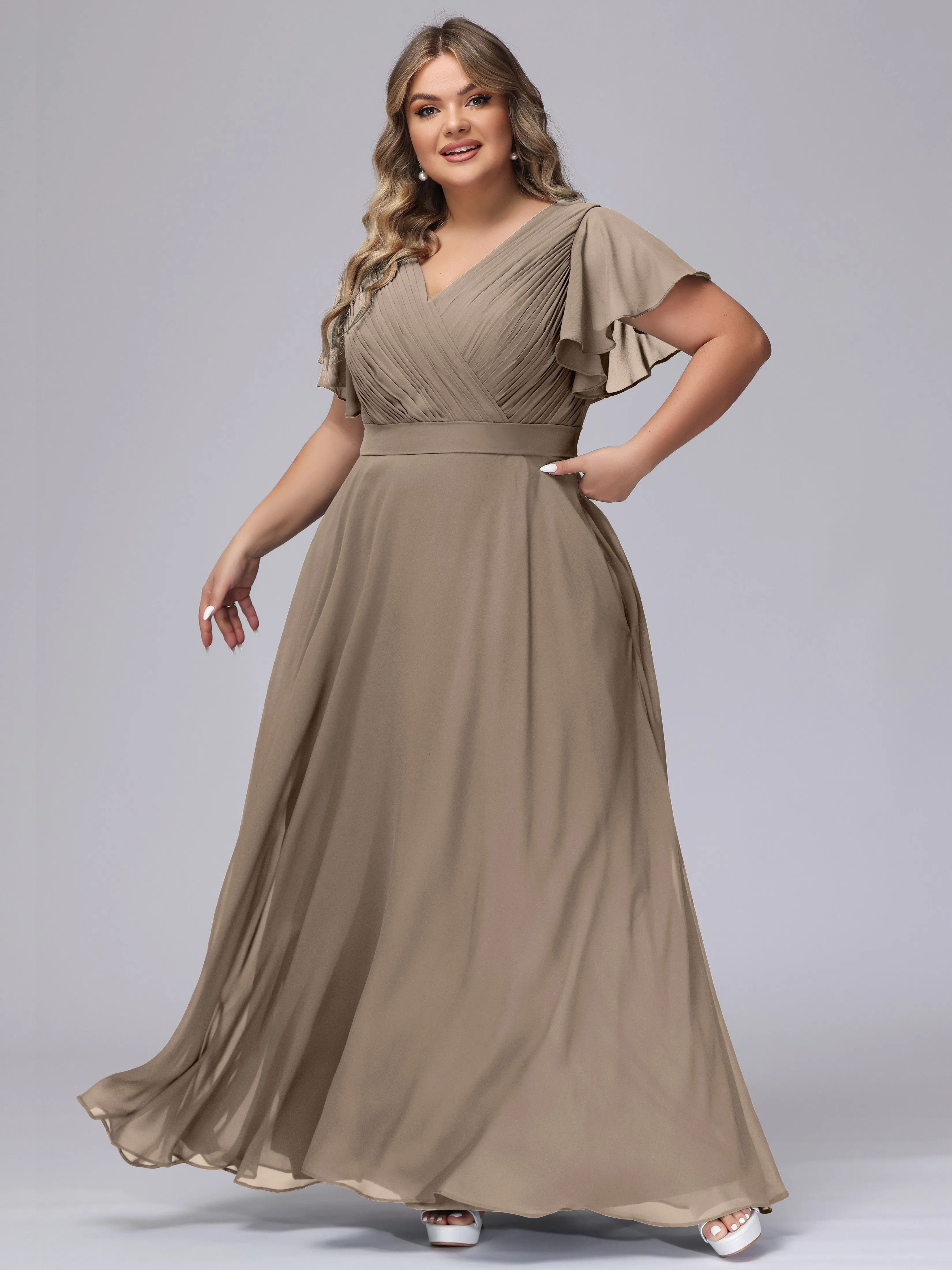 Elegant V-neck Ruffle Sleeves Empire Plus Size Bridesmaid Dress