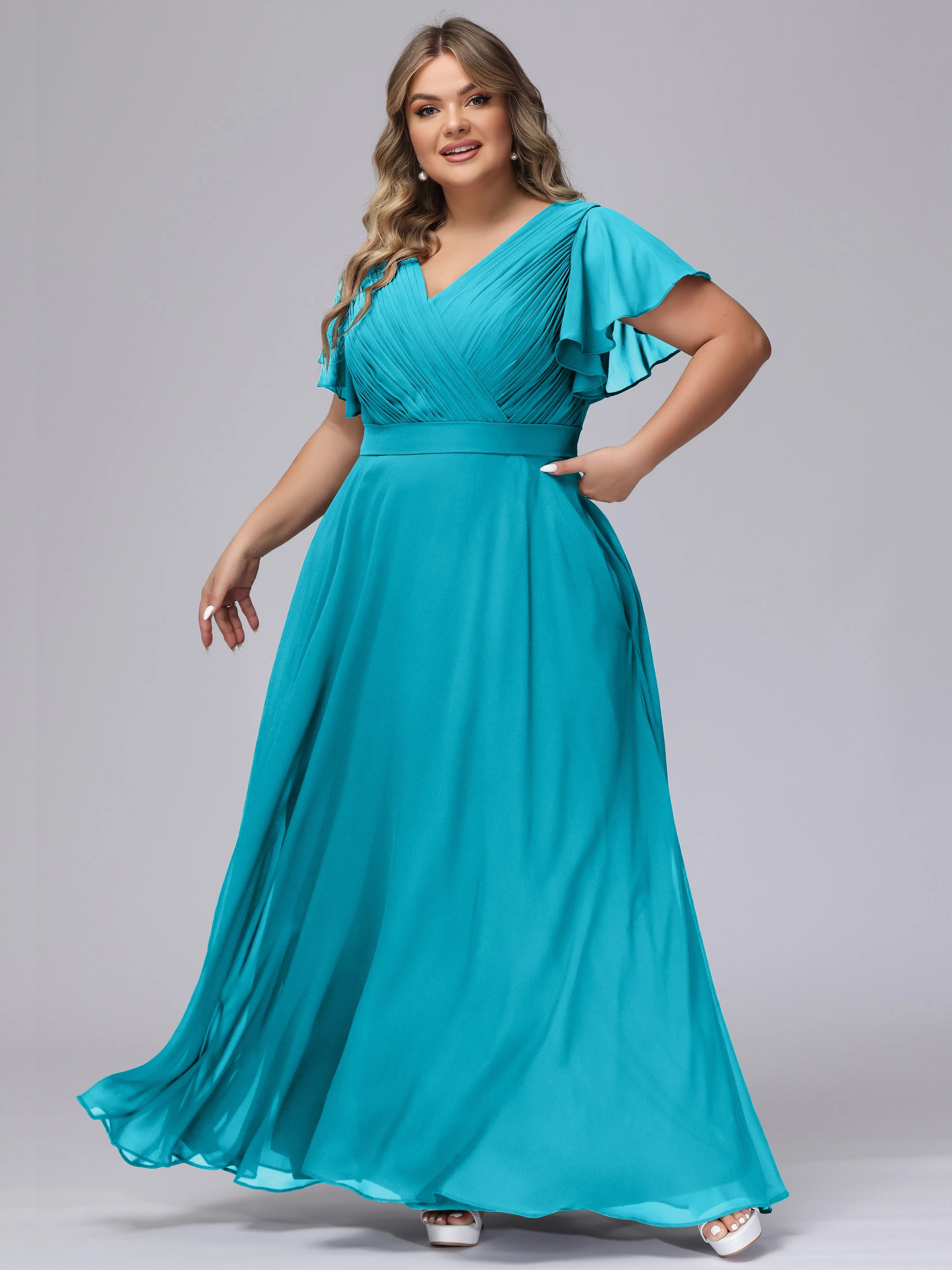 Elegant V-neck Ruffle Sleeves Empire Plus Size Bridesmaid Dress