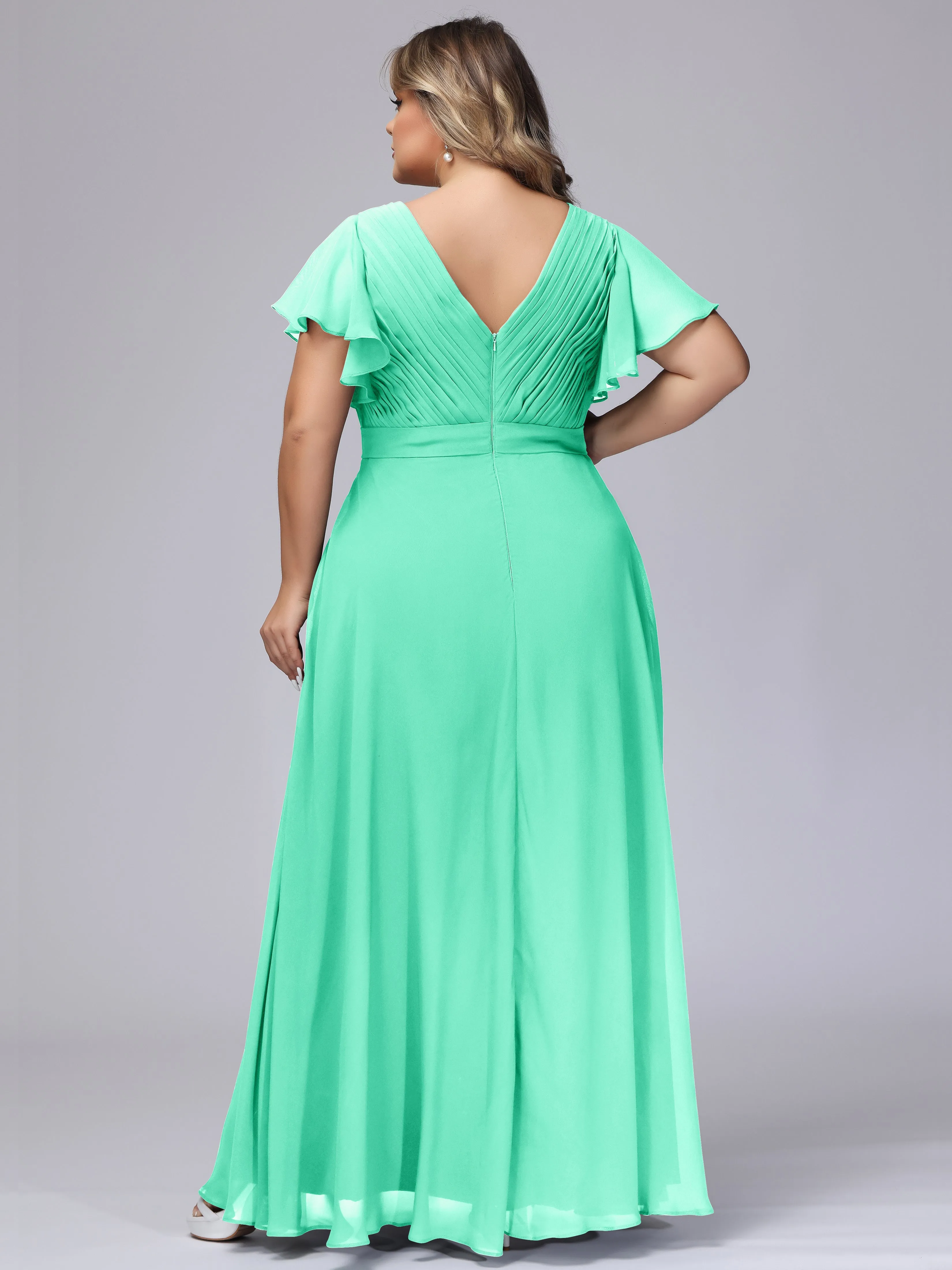 Elegant V-neck Ruffle Sleeves Empire Plus Size Bridesmaid Dress