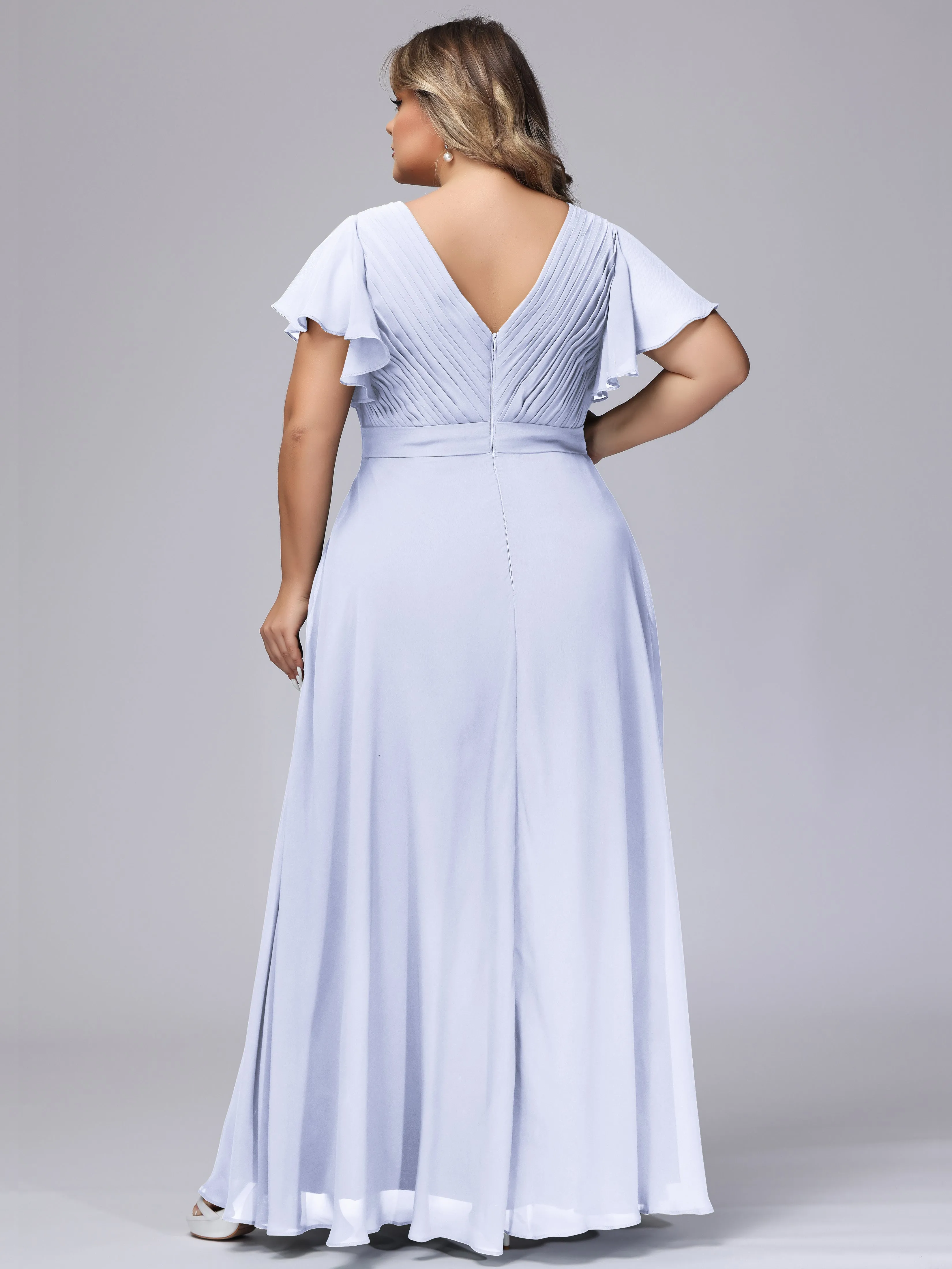 Elegant V-neck Ruffle Sleeves Empire Plus Size Bridesmaid Dress