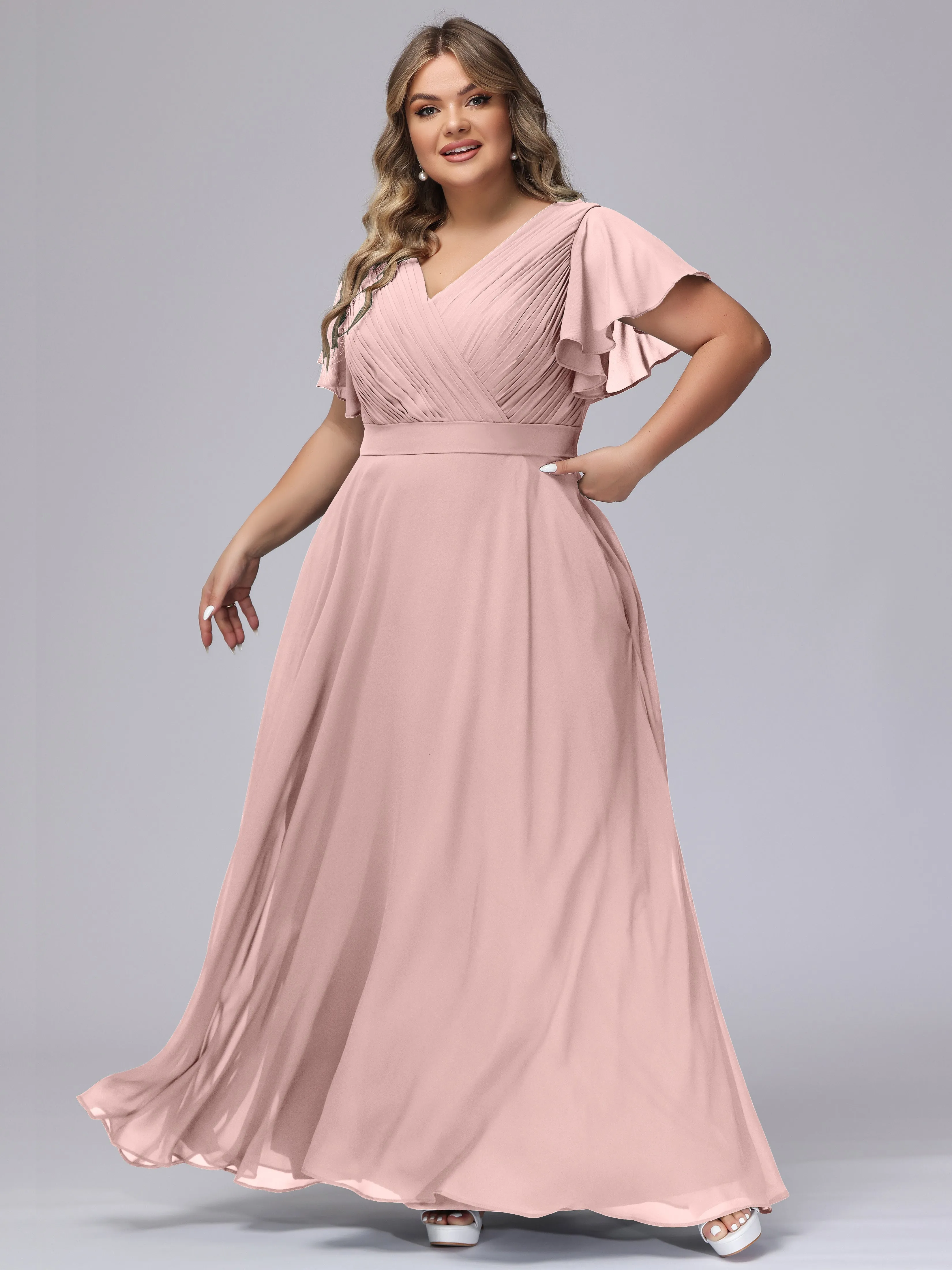Elegant V-neck Ruffle Sleeves Empire Plus Size Bridesmaid Dress