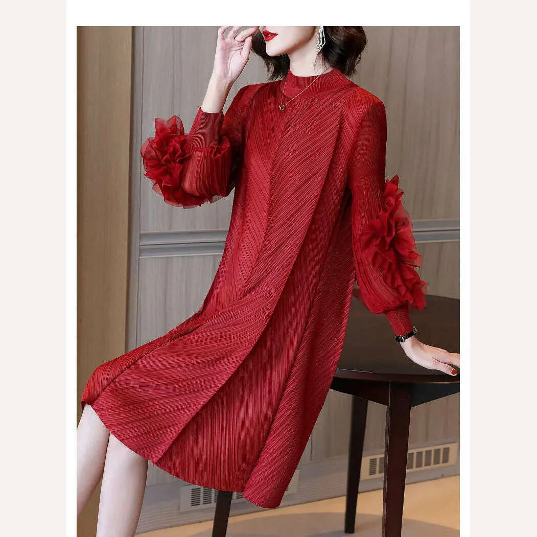 Elegant Vintage Style DEAT Woman Pleated Midi Dress with Ruffles Mesh Long Sleeve Half Turtleneck for Early Autumn Fashion