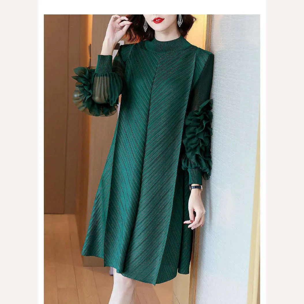 Elegant Vintage Style DEAT Woman Pleated Midi Dress with Ruffles Mesh Long Sleeve Half Turtleneck for Early Autumn Fashion