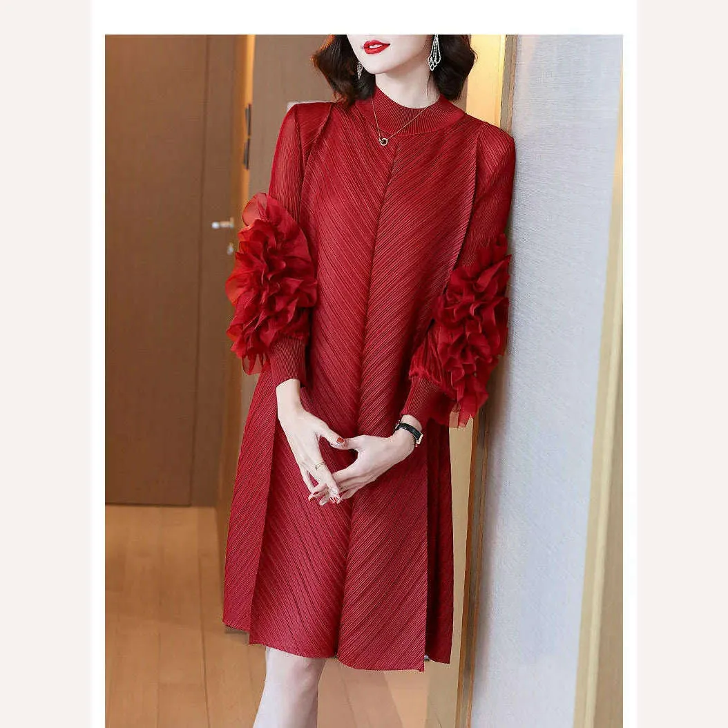 Elegant Vintage Style DEAT Woman Pleated Midi Dress with Ruffles Mesh Long Sleeve Half Turtleneck for Early Autumn Fashion