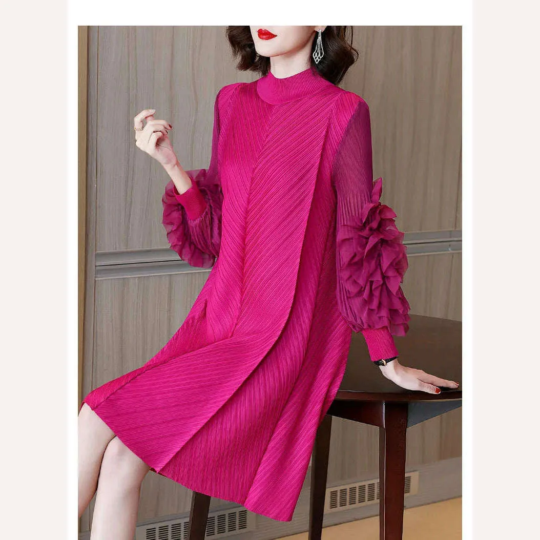 Elegant Vintage Style DEAT Woman Pleated Midi Dress with Ruffles Mesh Long Sleeve Half Turtleneck for Early Autumn Fashion