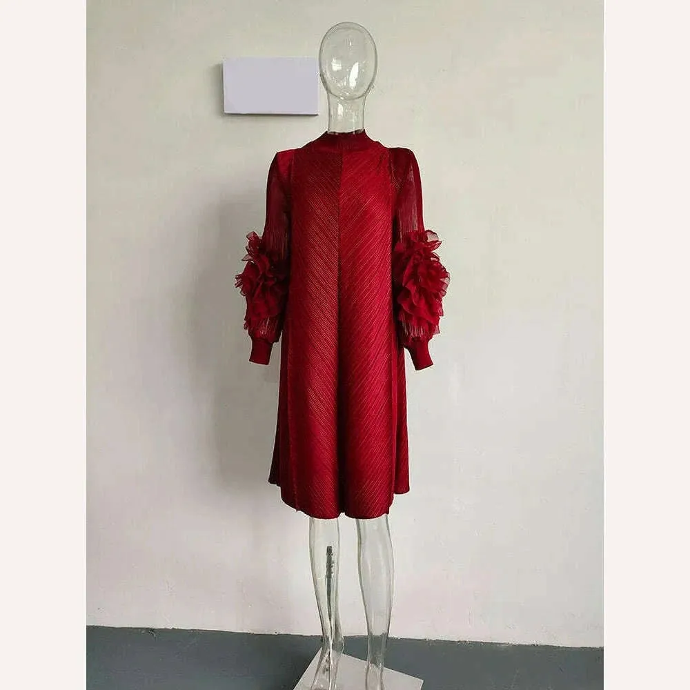Elegant Vintage Style DEAT Woman Pleated Midi Dress with Ruffles Mesh Long Sleeve Half Turtleneck for Early Autumn Fashion