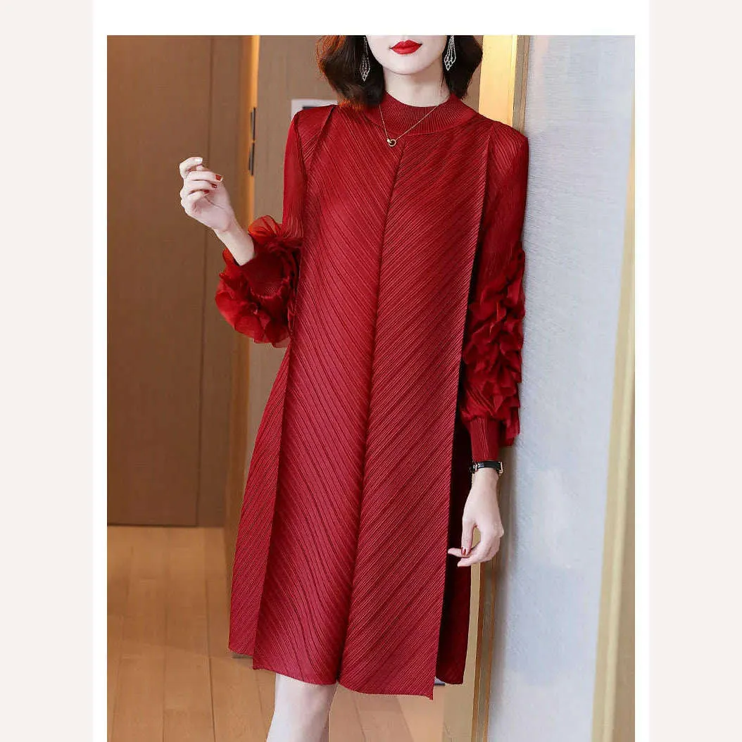 Elegant Vintage Style DEAT Woman Pleated Midi Dress with Ruffles Mesh Long Sleeve Half Turtleneck for Early Autumn Fashion