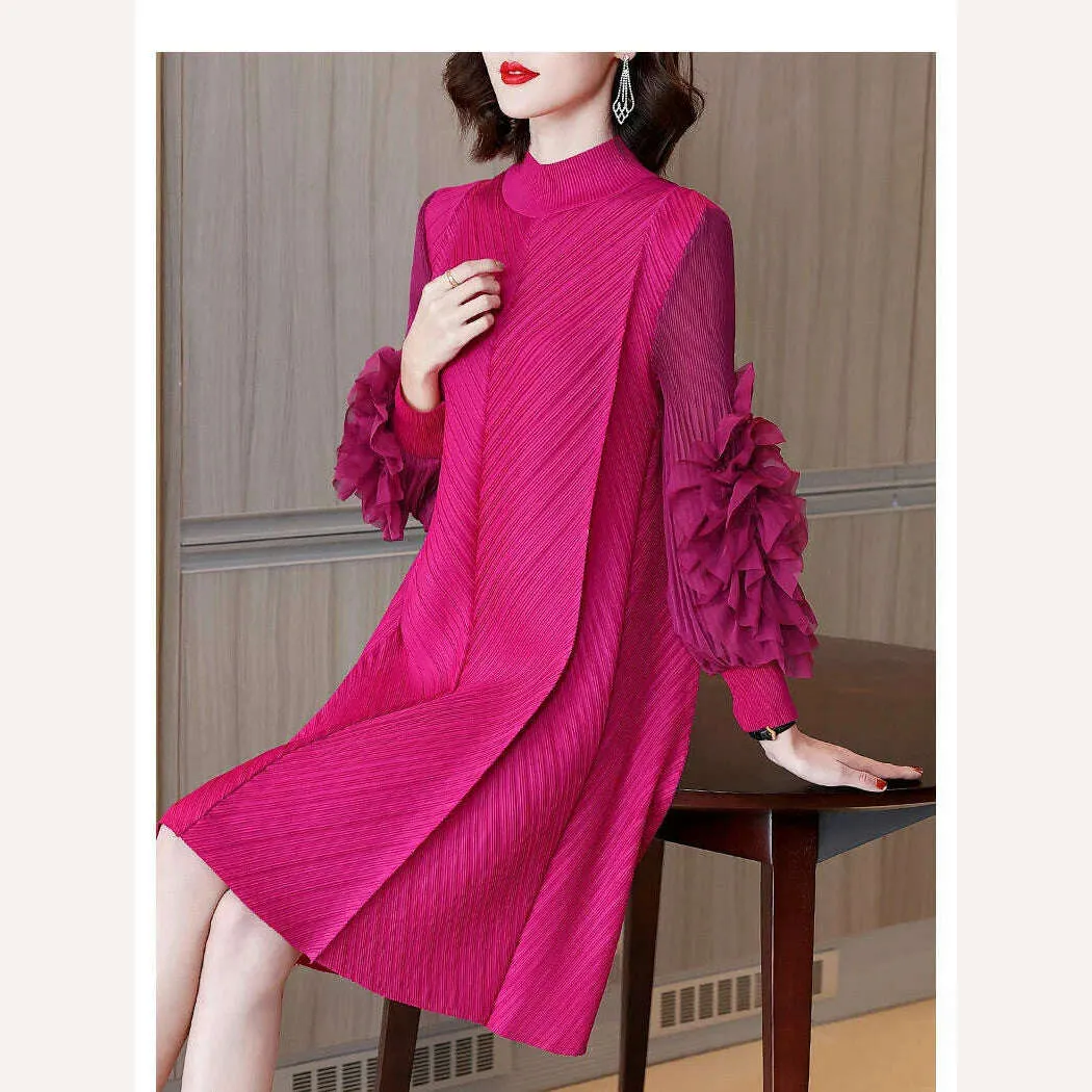 Elegant Vintage Style DEAT Woman Pleated Midi Dress with Ruffles Mesh Long Sleeve Half Turtleneck for Early Autumn Fashion