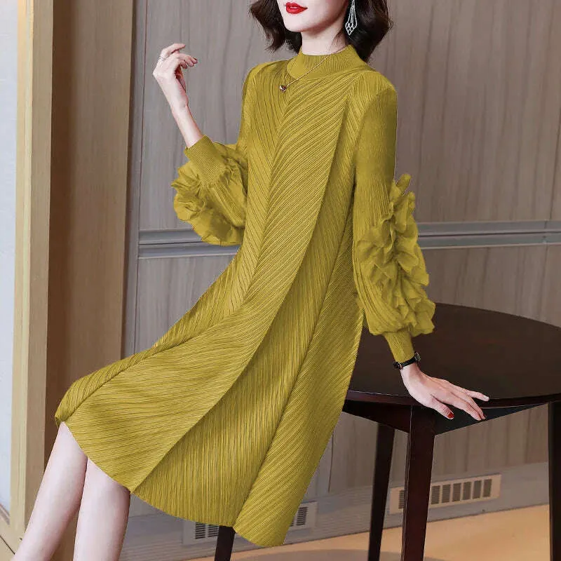 Elegant Vintage Style DEAT Woman Pleated Midi Dress with Ruffles Mesh Long Sleeve Half Turtleneck for Early Autumn Fashion