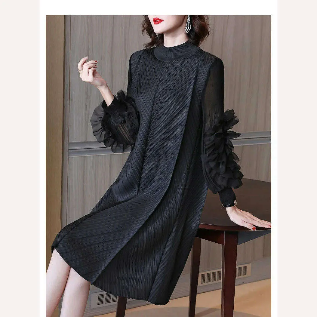 Elegant Vintage Style DEAT Woman Pleated Midi Dress with Ruffles Mesh Long Sleeve Half Turtleneck for Early Autumn Fashion