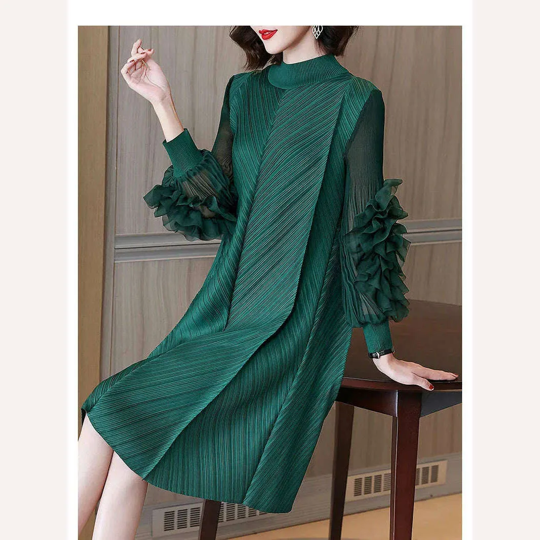 Elegant Vintage Style DEAT Woman Pleated Midi Dress with Ruffles Mesh Long Sleeve Half Turtleneck for Early Autumn Fashion