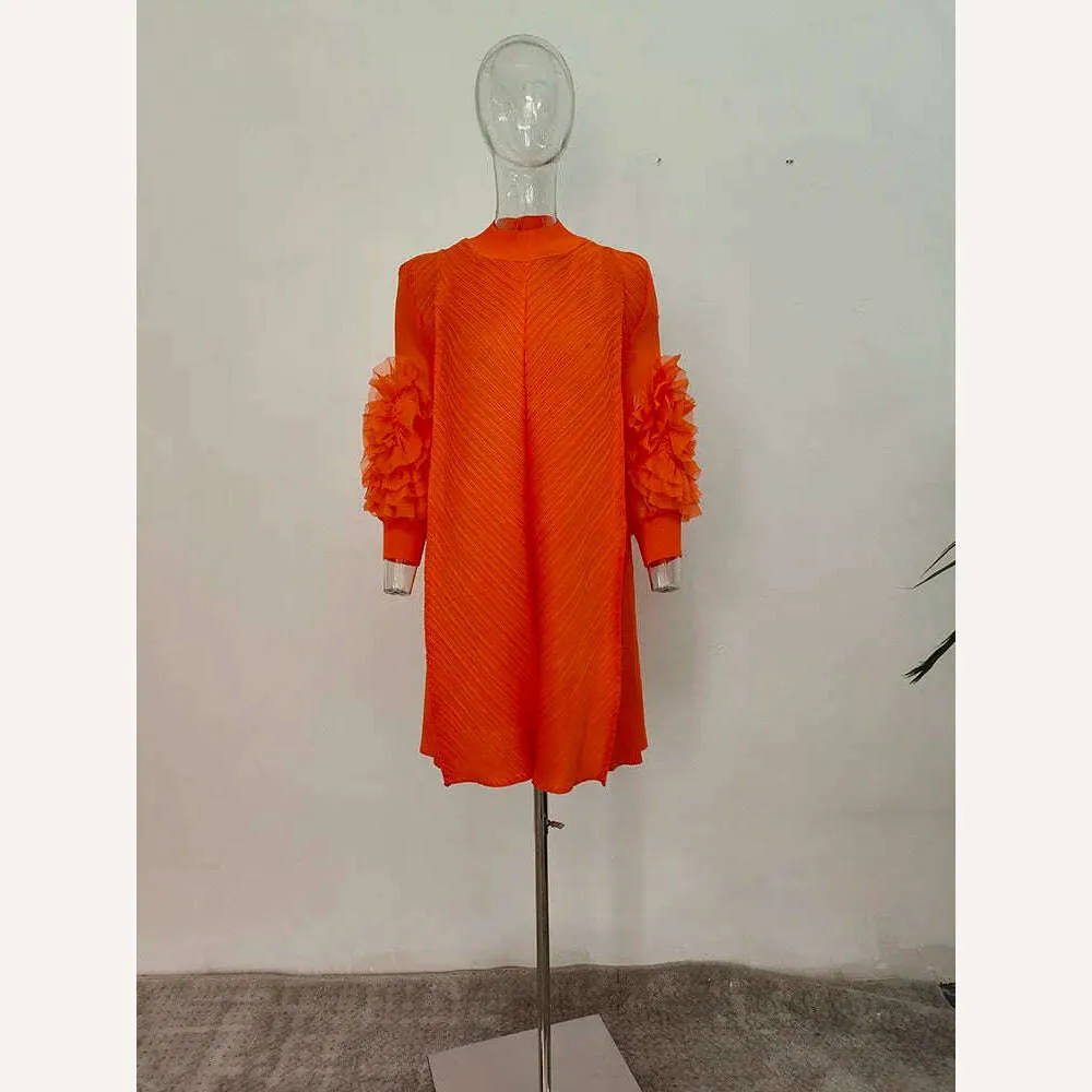 Elegant Vintage Style DEAT Woman Pleated Midi Dress with Ruffles Mesh Long Sleeve Half Turtleneck for Early Autumn Fashion