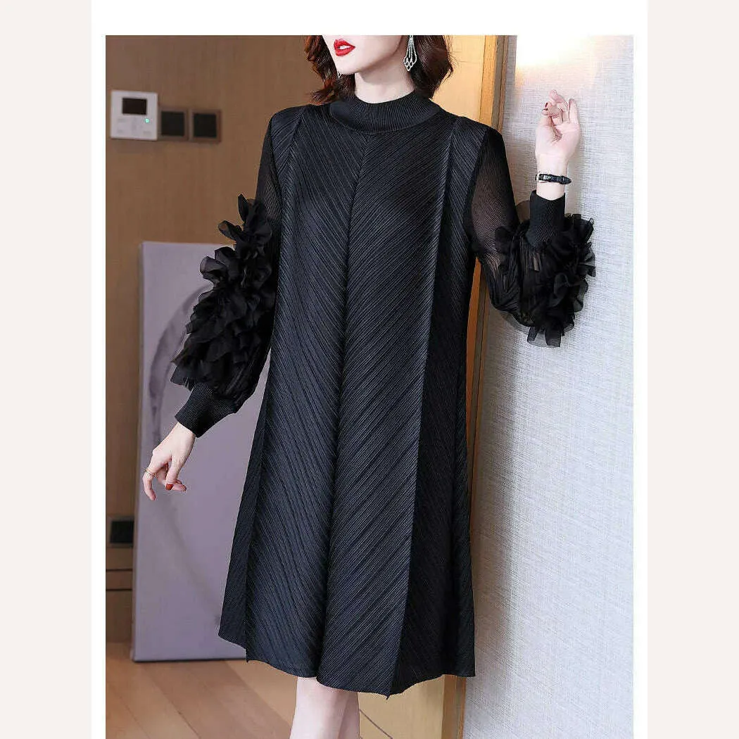 Elegant Vintage Style DEAT Woman Pleated Midi Dress with Ruffles Mesh Long Sleeve Half Turtleneck for Early Autumn Fashion