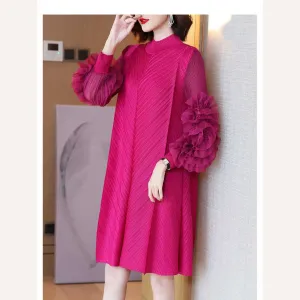 Elegant Vintage Style DEAT Woman Pleated Midi Dress with Ruffles Mesh Long Sleeve Half Turtleneck for Early Autumn Fashion