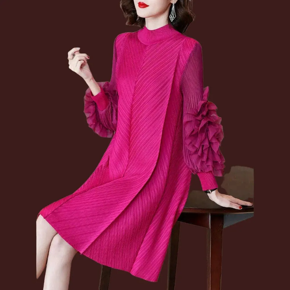 Elegant Vintage Style DEAT Woman Pleated Midi Dress with Ruffles Mesh Long Sleeve Half Turtleneck for Early Autumn Fashion