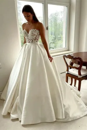 Elegant Wedding Dresses Ball Gown Sweetheart Satin Sleeveless Bridal Dress Beads Crystal Lace Satin Bride Gown Custom
