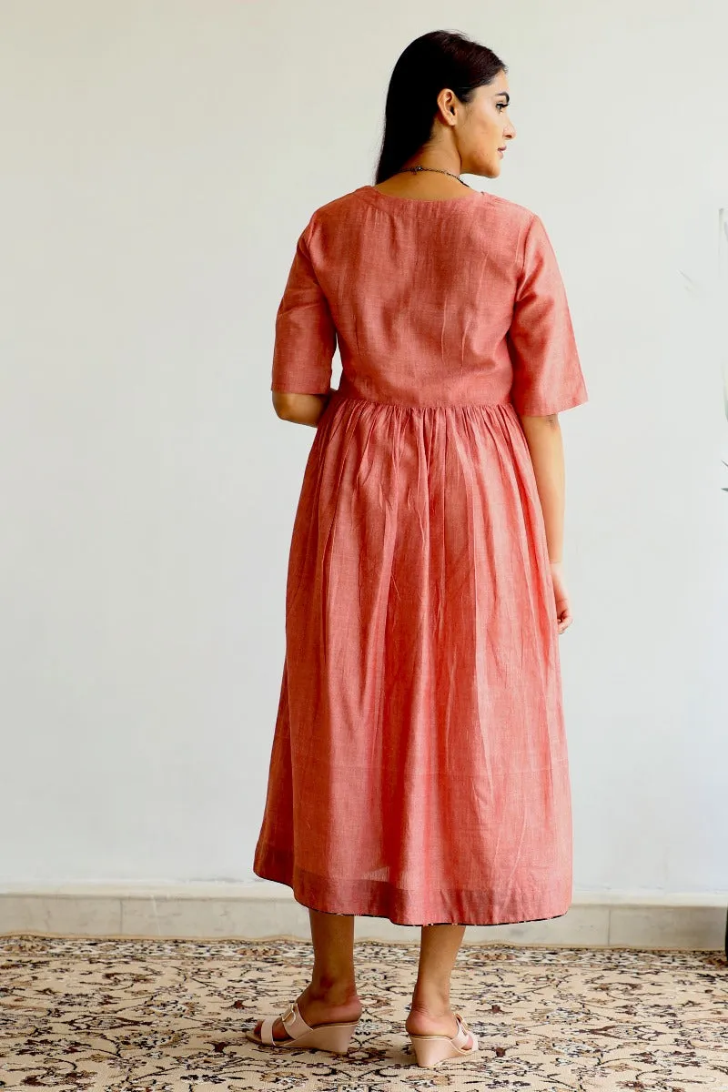 Empire Line Maxi Dress in Orange Hand Loom Cotton