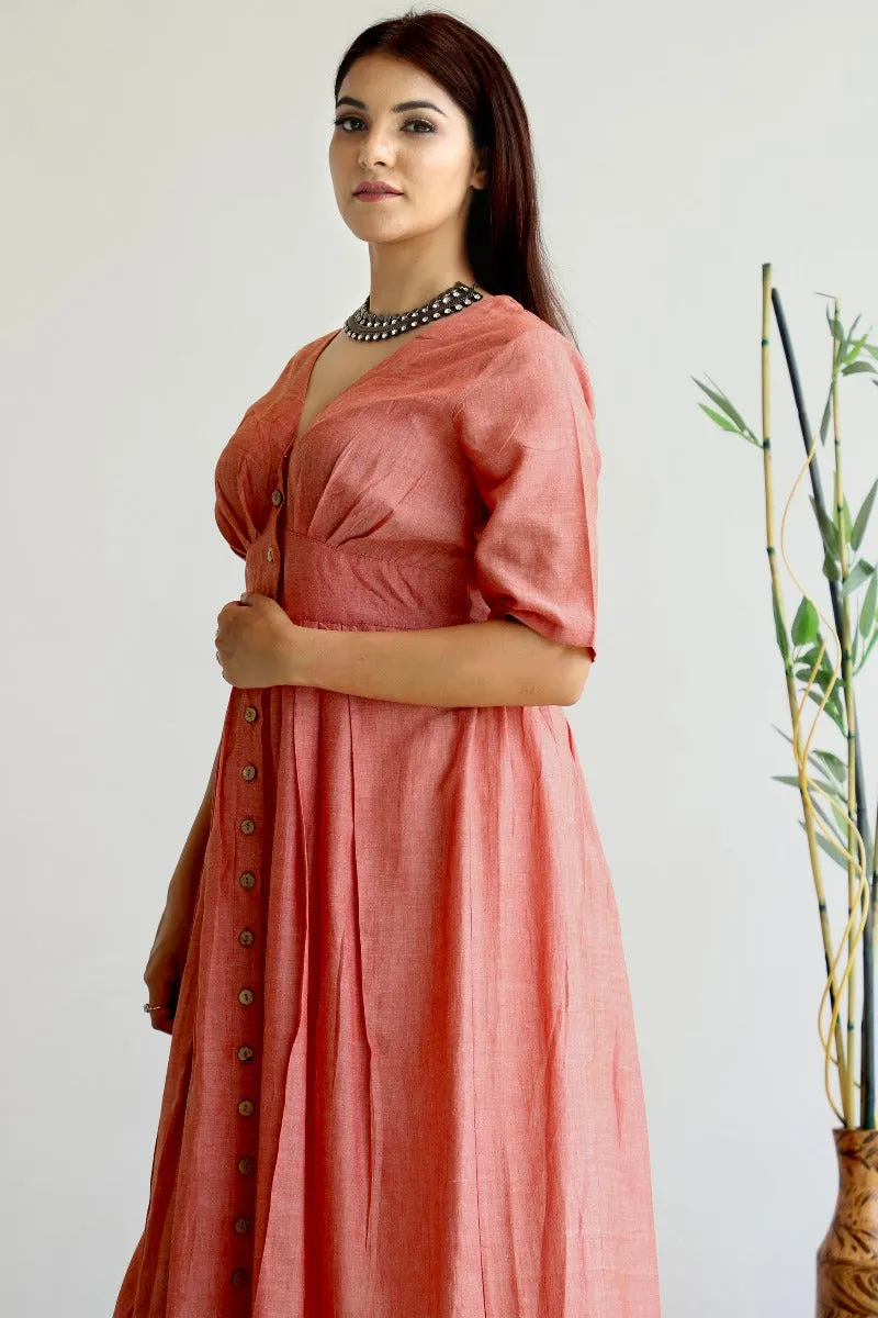 Empire Line Maxi Dress in Orange Hand Loom Cotton