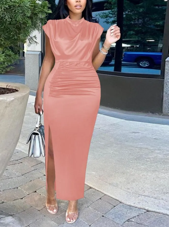 Empire Pleated High Slit Collar Dress