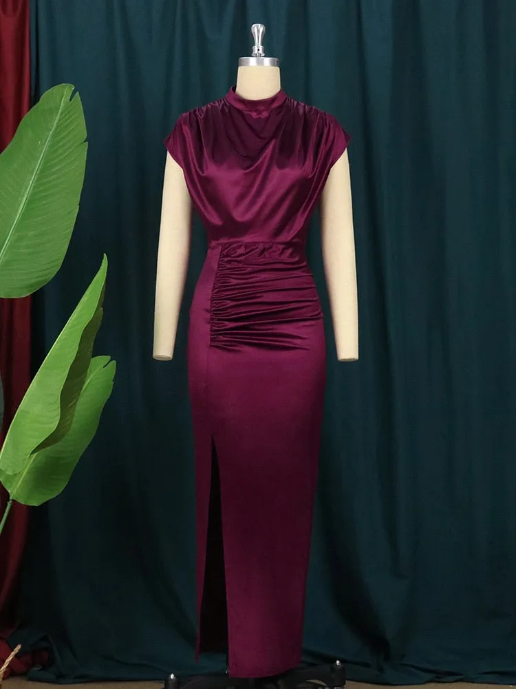 Empire Pleated High Slit Collar Dress