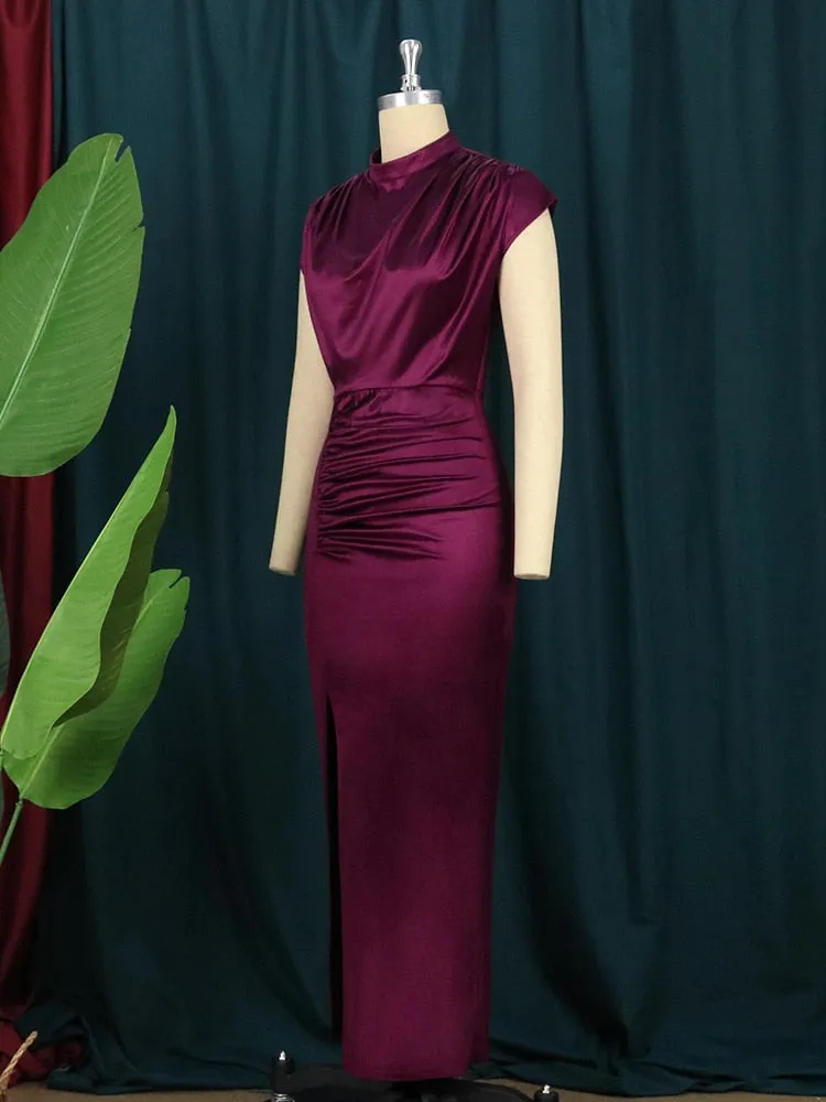 Empire Pleated High Slit Collar Dress