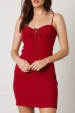 Empire Waist Sweatheart Neckline Tie Pleat Bust Mini Dress