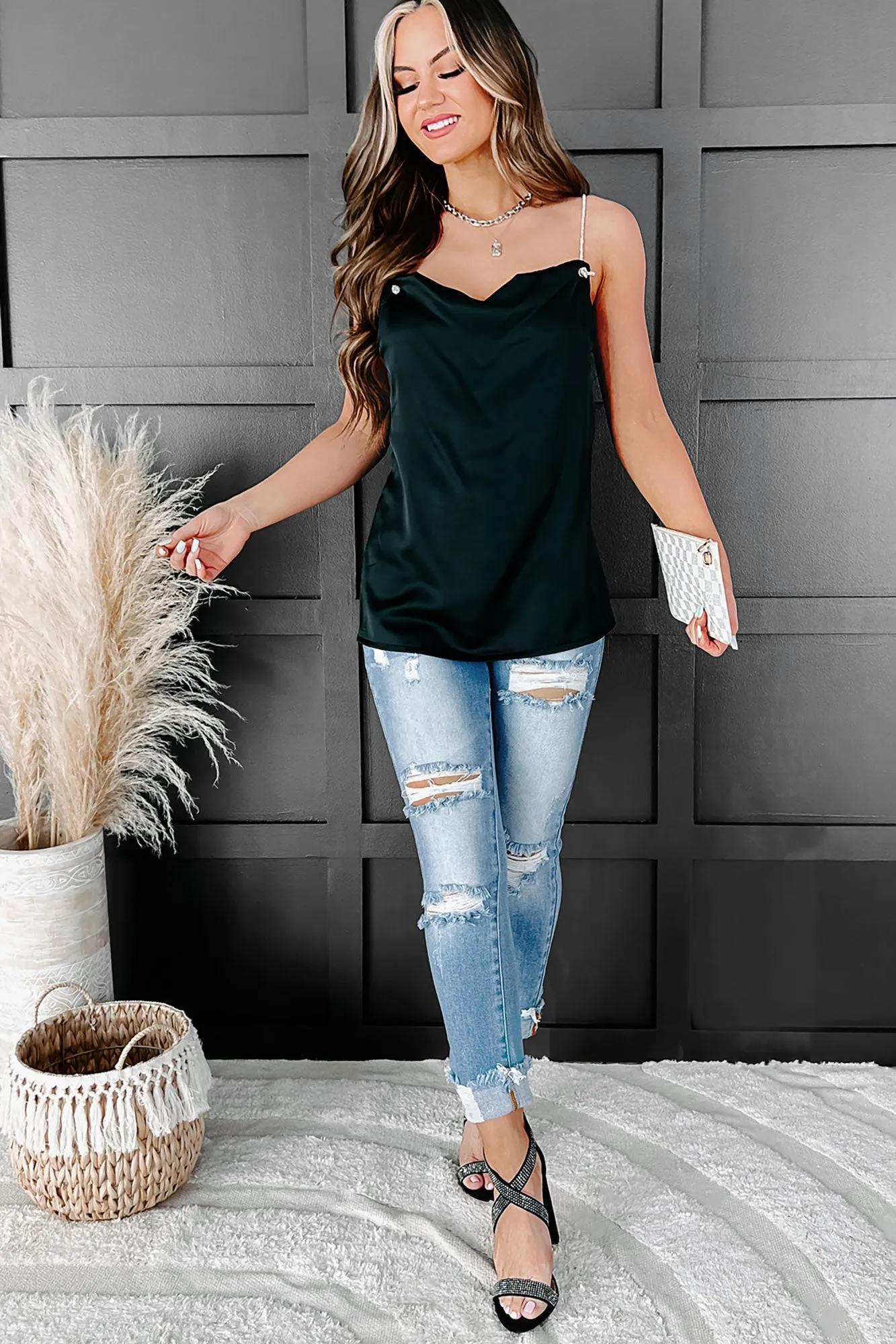 Everything I Wanted Satin Rhinestone Strap Tank (Black)