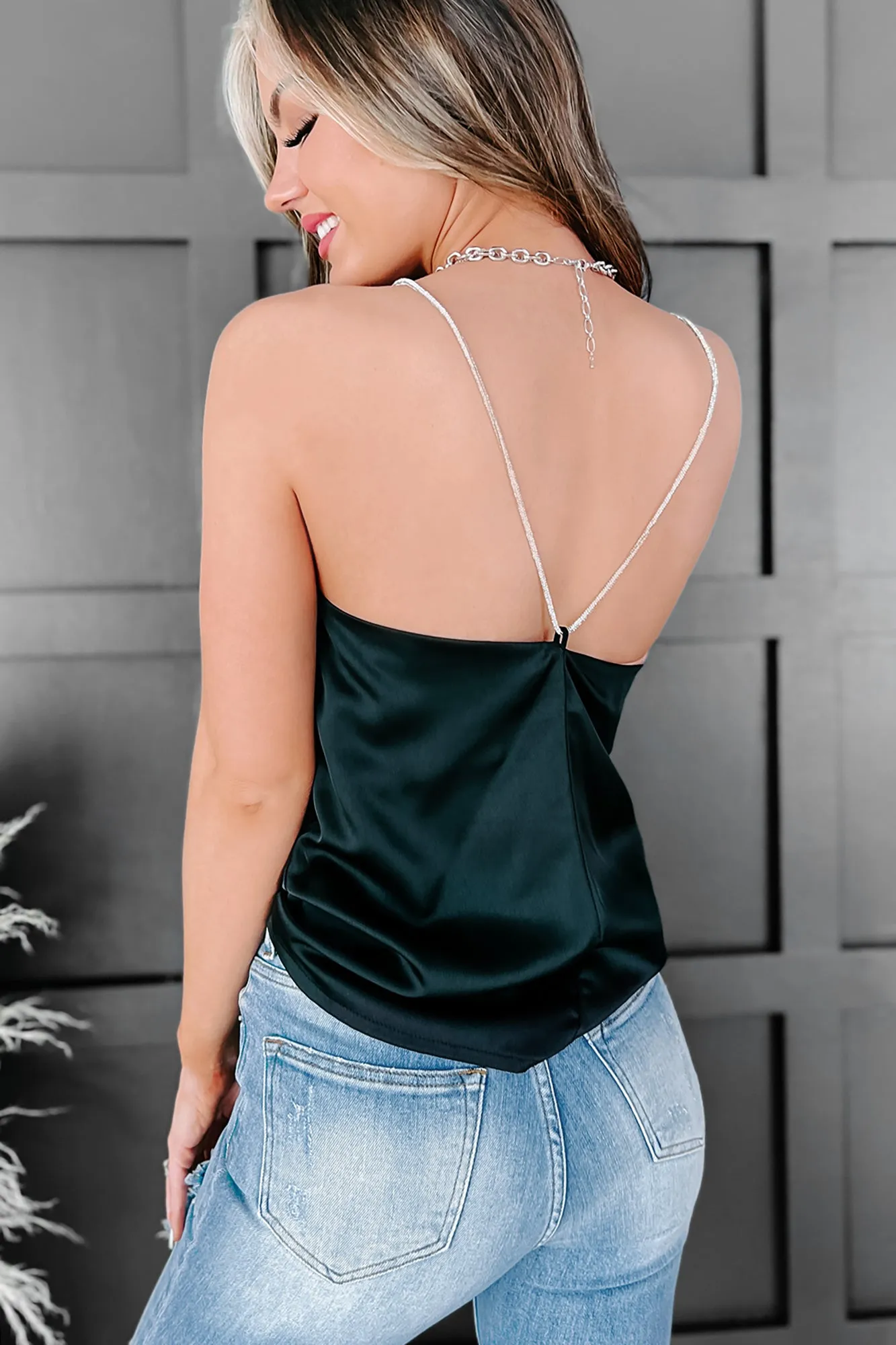 Everything I Wanted Satin Rhinestone Strap Tank (Black)