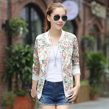 Fashion Baseball Floral Jacket Women Ditsy Print Zipper Varsity Outwear