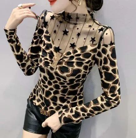 Fashion Gauze Hollow Out Diamonds Folds Leopard Blouses