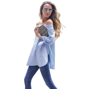 Fashion Off Shoulder Blouse Slash neck Long Sleeve Bow Blouses And Shirts Women Loose Tops Plus size