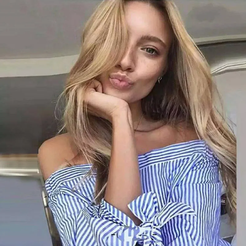 Fashion Off Shoulder Blouse Slash neck Long Sleeve Bow Blouses And Shirts Women Loose Tops Plus size