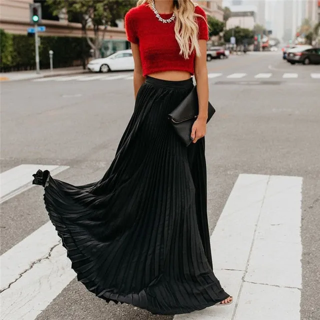 Fashion Pleated Long Skirt 2019 Lady Casual Loose Soild High Waist Long Skirt Ladies All-match Ankle-Length Skirts Multi Colors